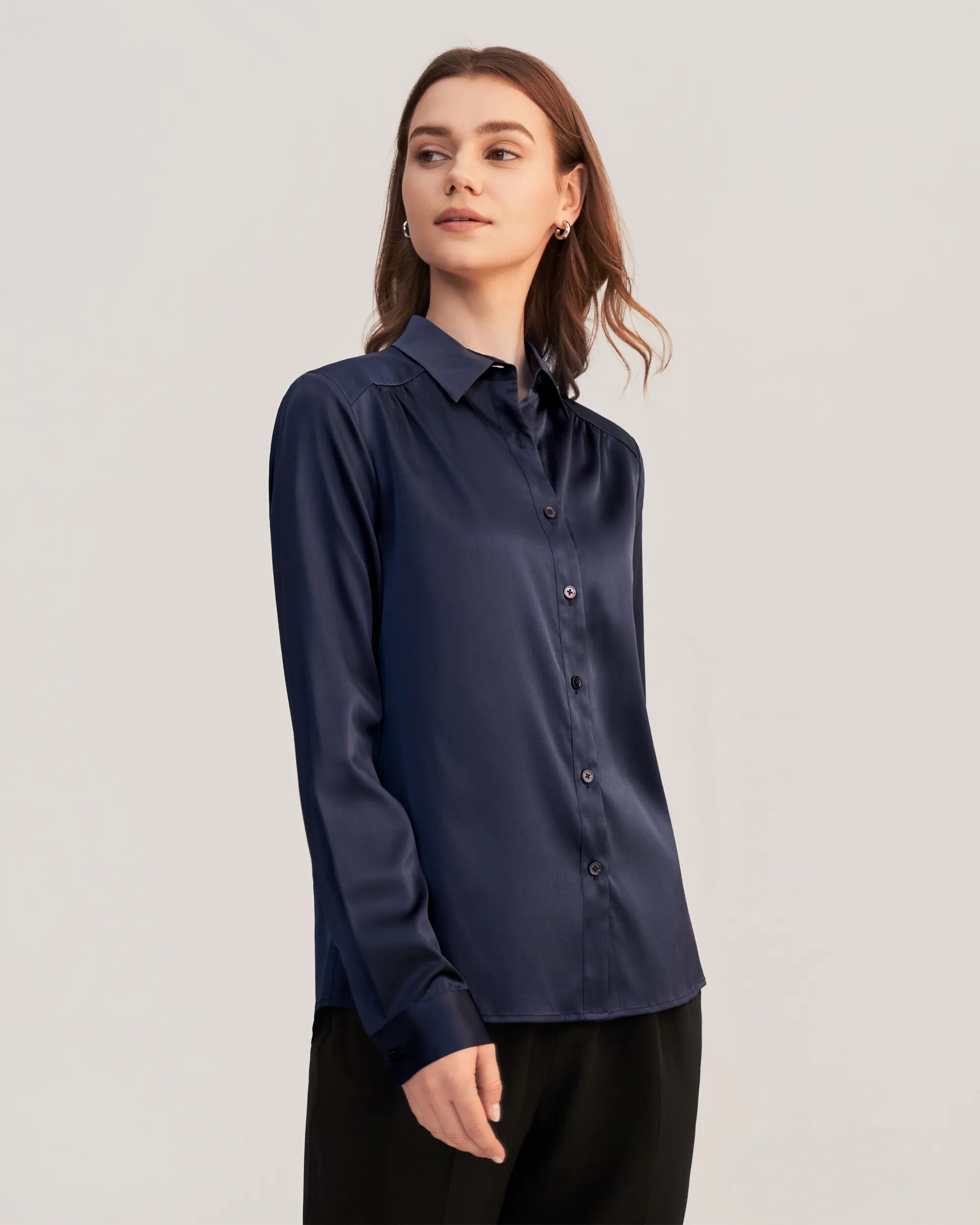 LILYSILK Business Blue Silk Shirt   Button Down Long Sleeves Style   Silk Women Navy 90% Mulberry 19 Momme Curved Hem Skin-Friendly And Breathable L