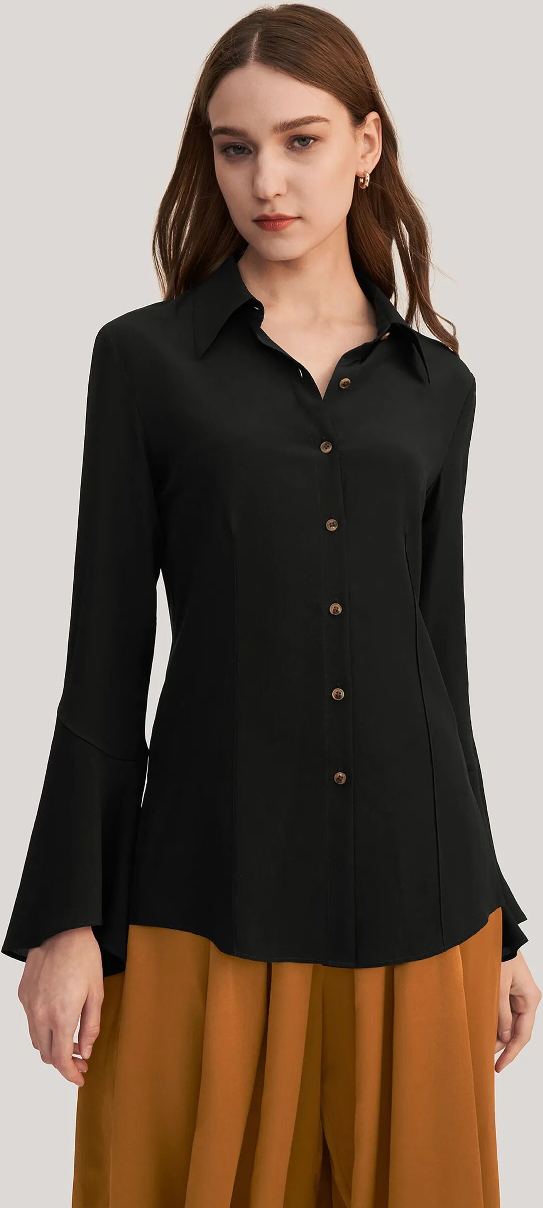 LILYSILK Business Black Shirt With Bell Sleeves   Women Silk Tops Light And Soft Regular Fit Skin-Friendly Breathable L