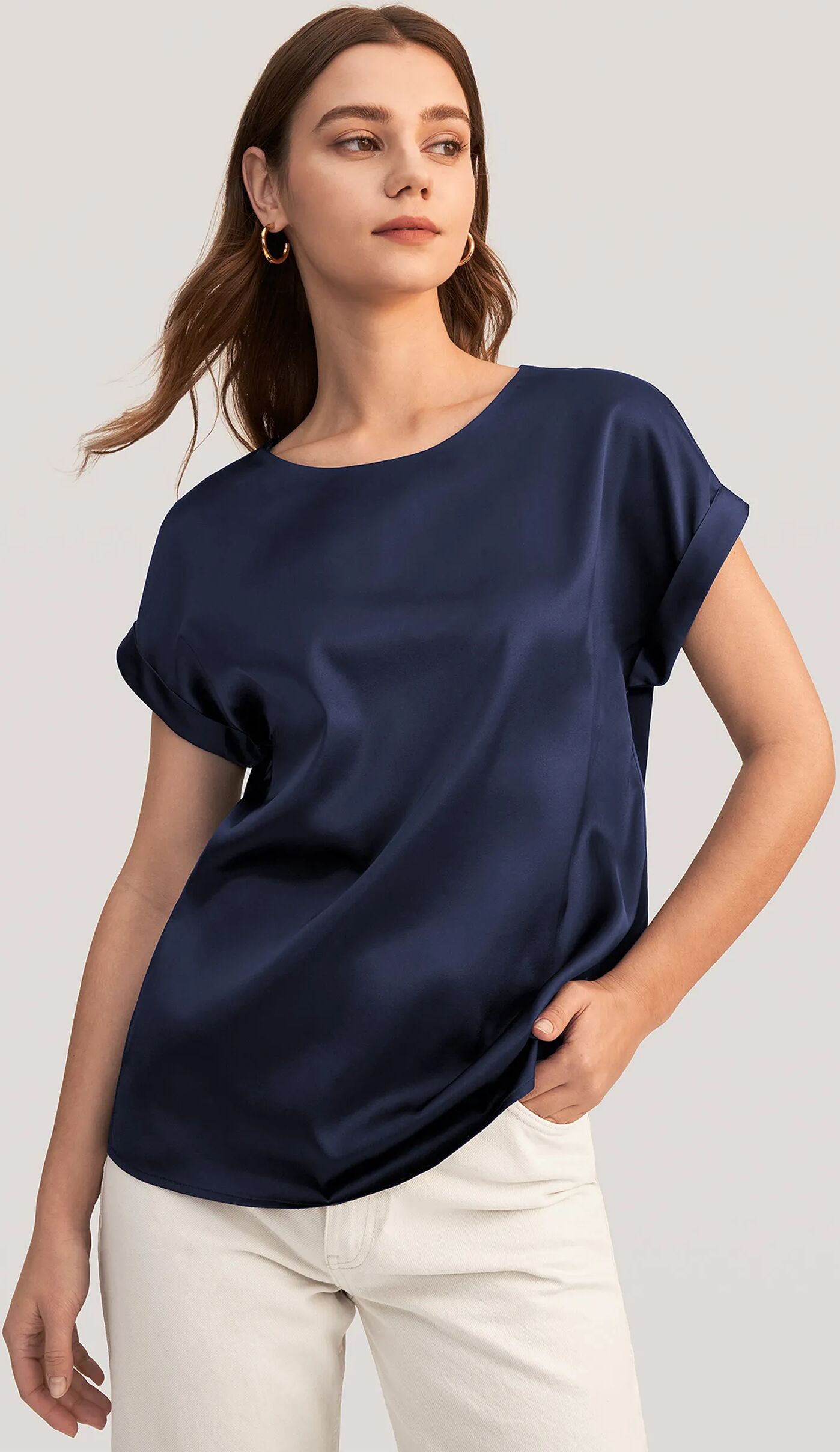 LILYSILK Silk Tee Shirts For Women Navy Blue US 90% 19Mm Mulberry Silk Smooth Regular Fit Round Neck Short Sleeves Silk Top XL