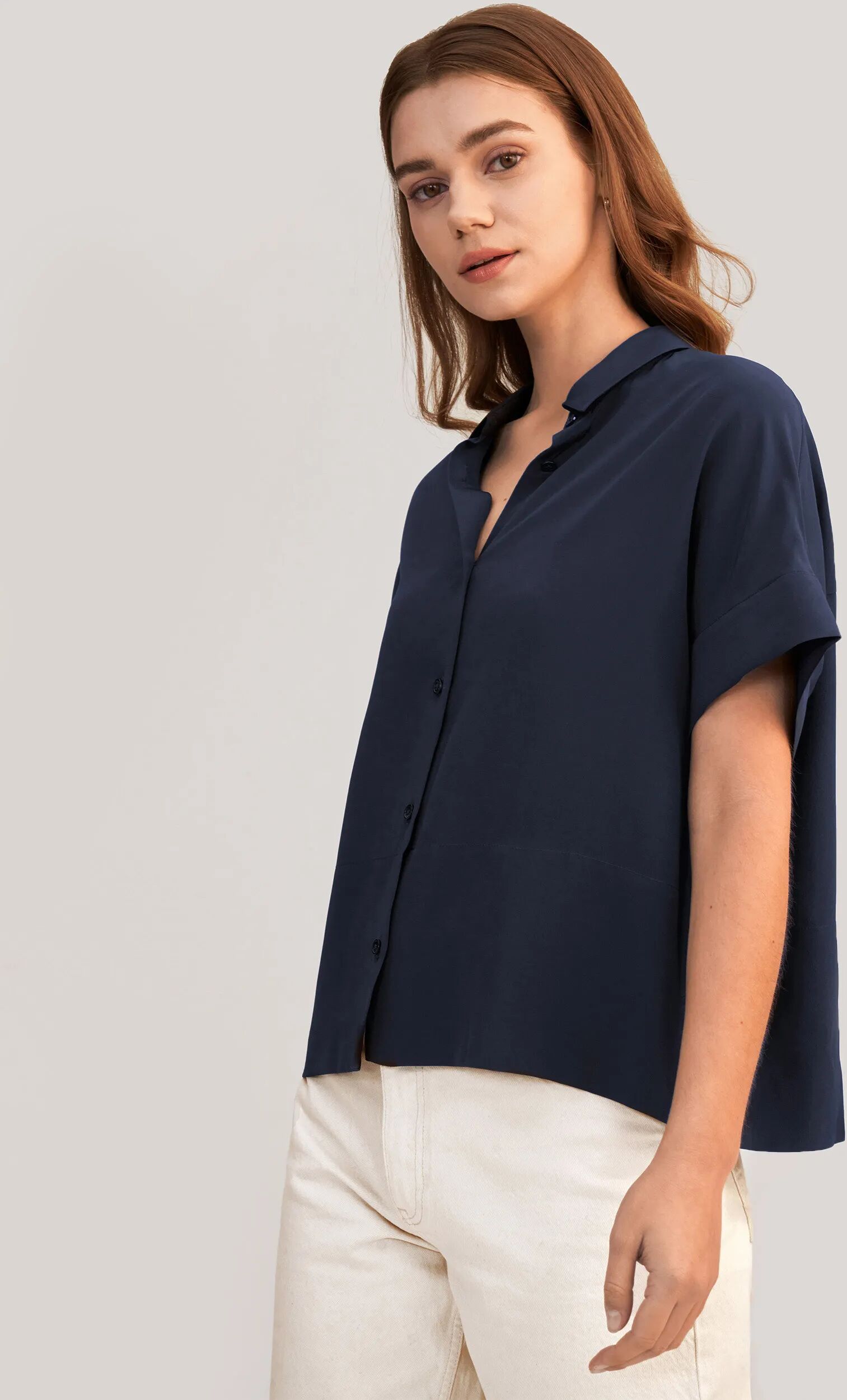 LILYSILK Casual Blue Short Sleeve Shirt   Silk Sleeves Business   Silk Tops Women Navy Crepe De Chine Silk Classic Collar Oversized Light And Soft M