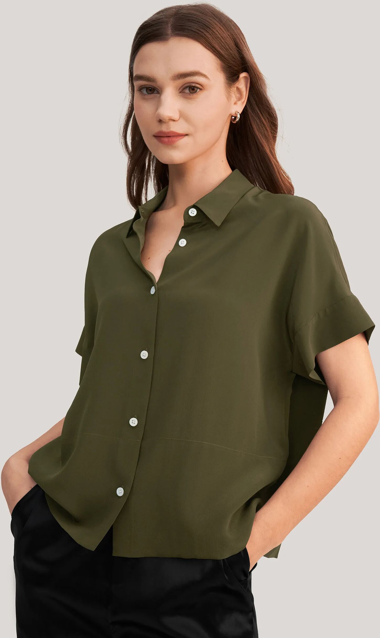 LILYSILK Casual Green Shirt With Short Sleeves   Silk Button Down Business   Women Blouse 18 Momme Crepe De Chine Collar Light And Soft XL