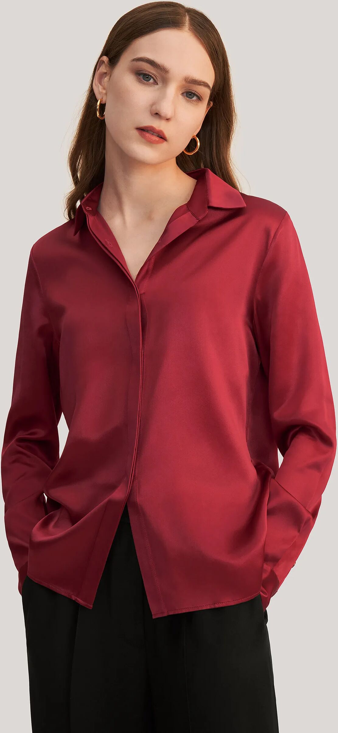 LILYSILK Business Red Burgundy Silk Shirt   Plain Long Sleeves Style   Silk Tops Women Claret 22 Mm Glossy Finish Basic Long-Sleeved XL