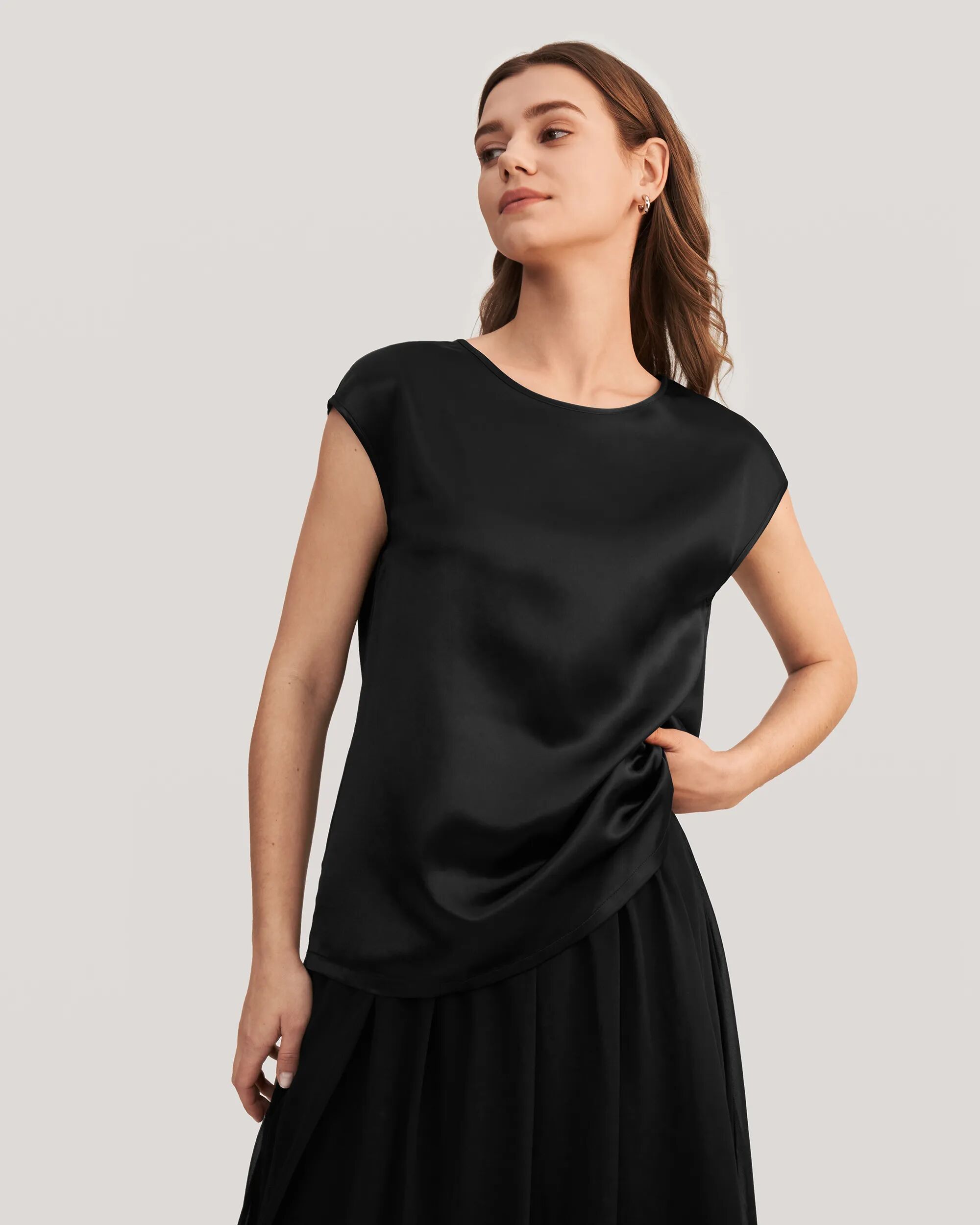 LILYSILK Silk T Shirt For Women OEKO-Tex Silk Clothes Glossy Silk Shirts Short Sleeve Blouses Black L