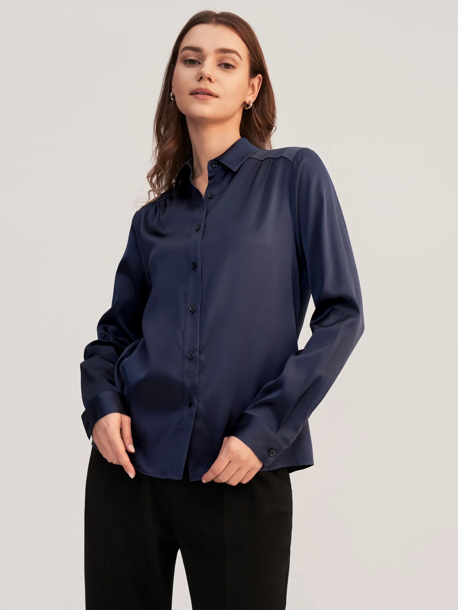 LILYSILK Business Blue Woman's Silk Shirt   Plain Long Sleeves Style   Silk Tops For Women Navy 90% Mulberry Wrinkle Free Workwear Or Weekend Wear M