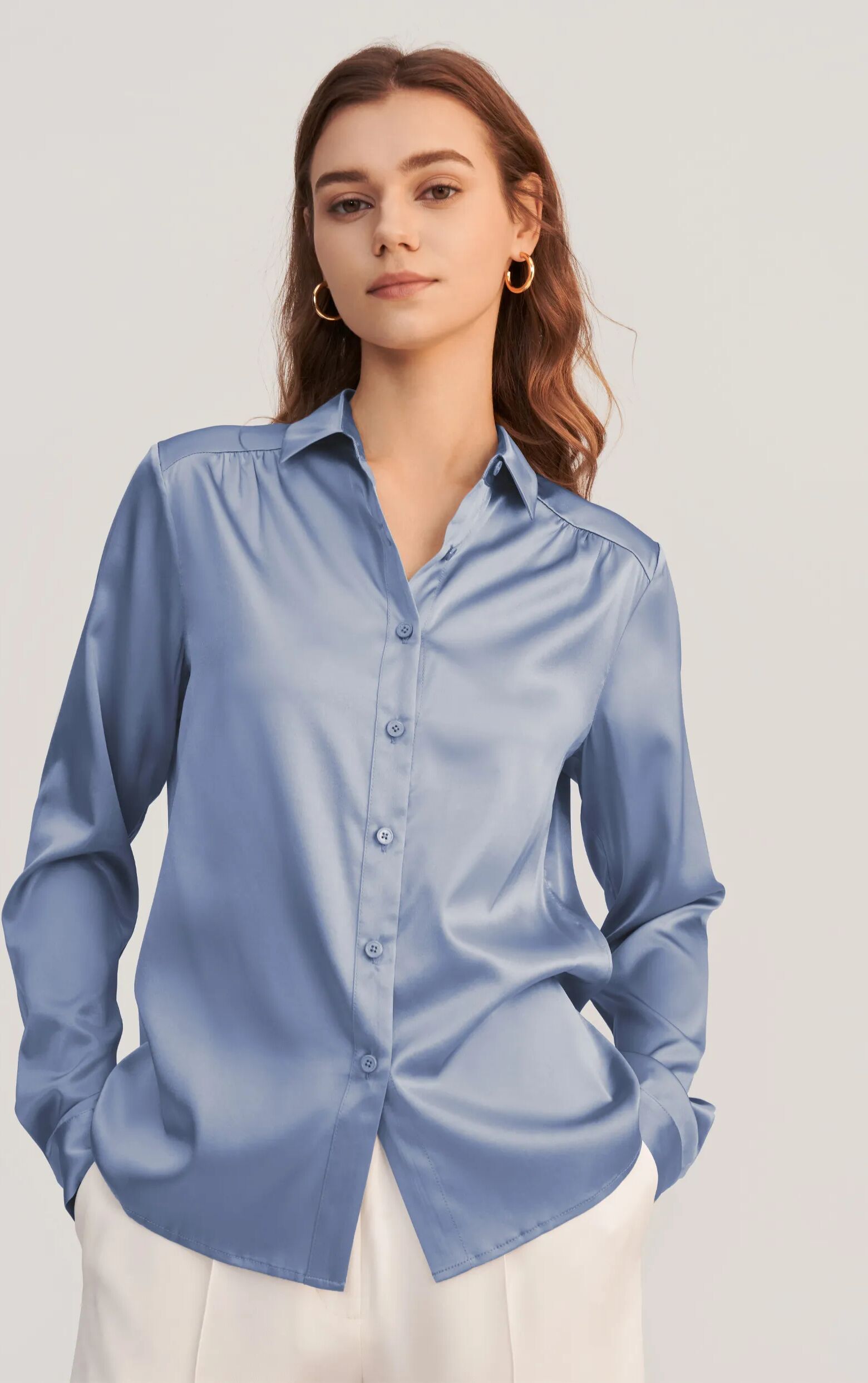 LILYSILK Business Blue Silk Shirt   Plain Long Sleeves Style   Silk Blouse Basic Women L Azure Comfortable Buy Online For Speedy Delivery