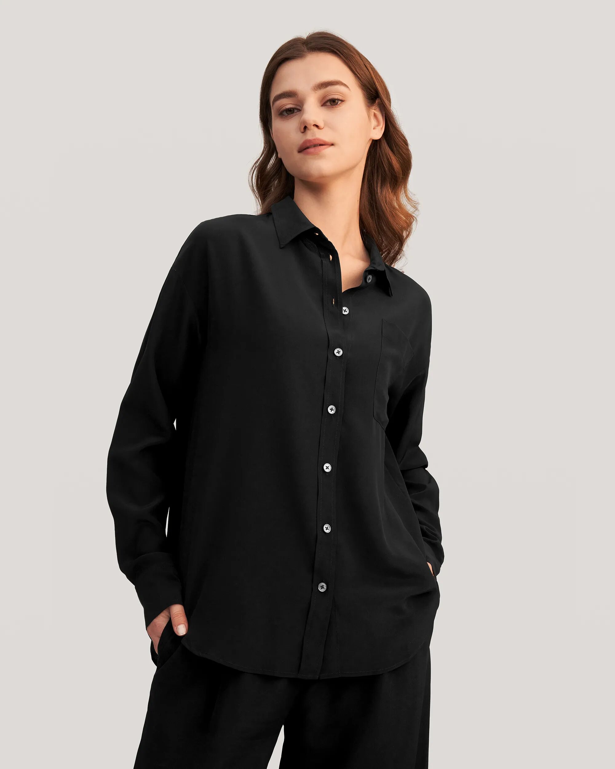 LILYSILK Business Black Shirt   Silk Plain   Women Crepe De Chine Relaxed Fit Pocket On The Chest XL