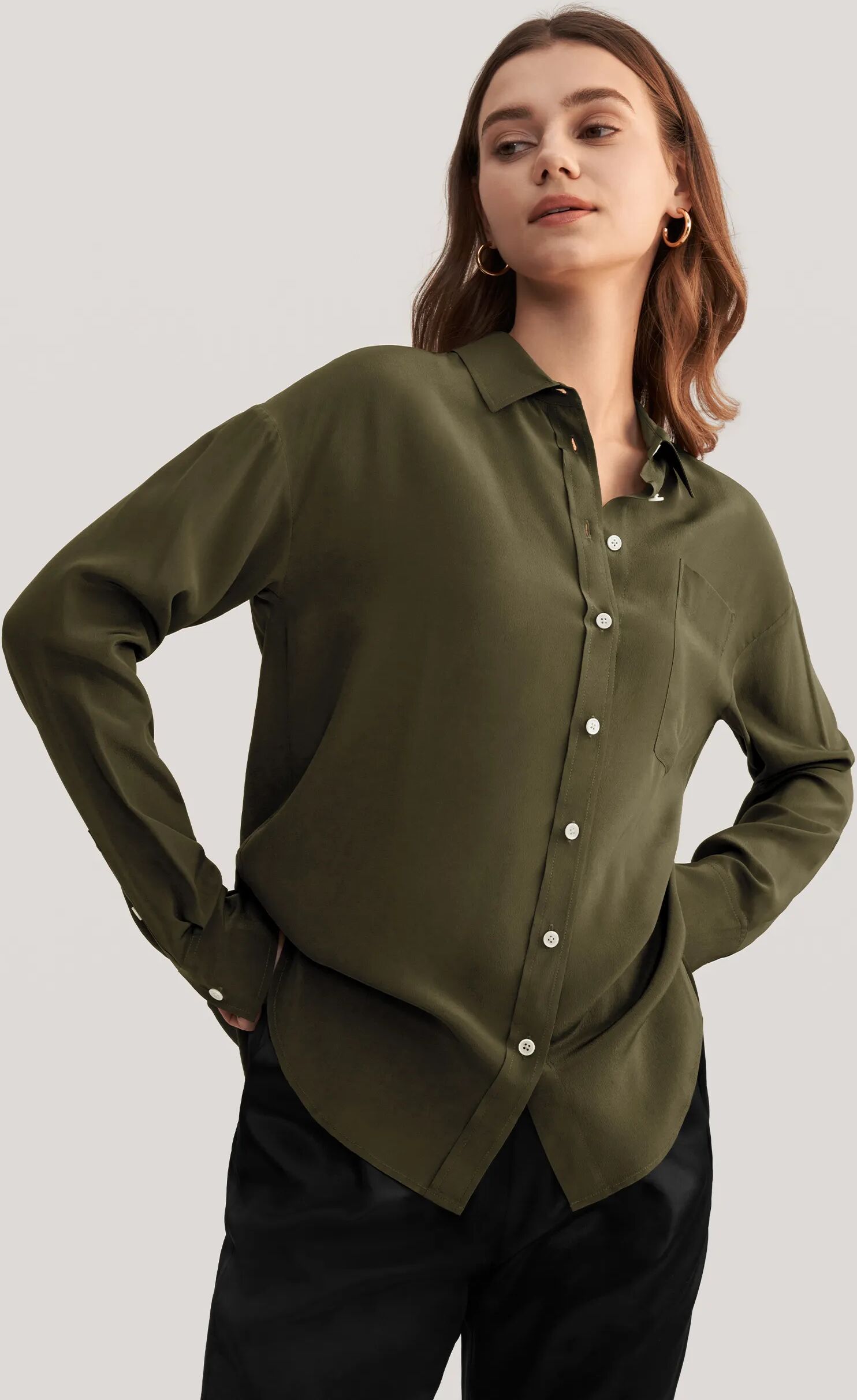 LILYSILK Women Silky Shirts Green United States 18 Momme Crepe De Chine Silk Traditional Shirt Collar Drop Shoulders S