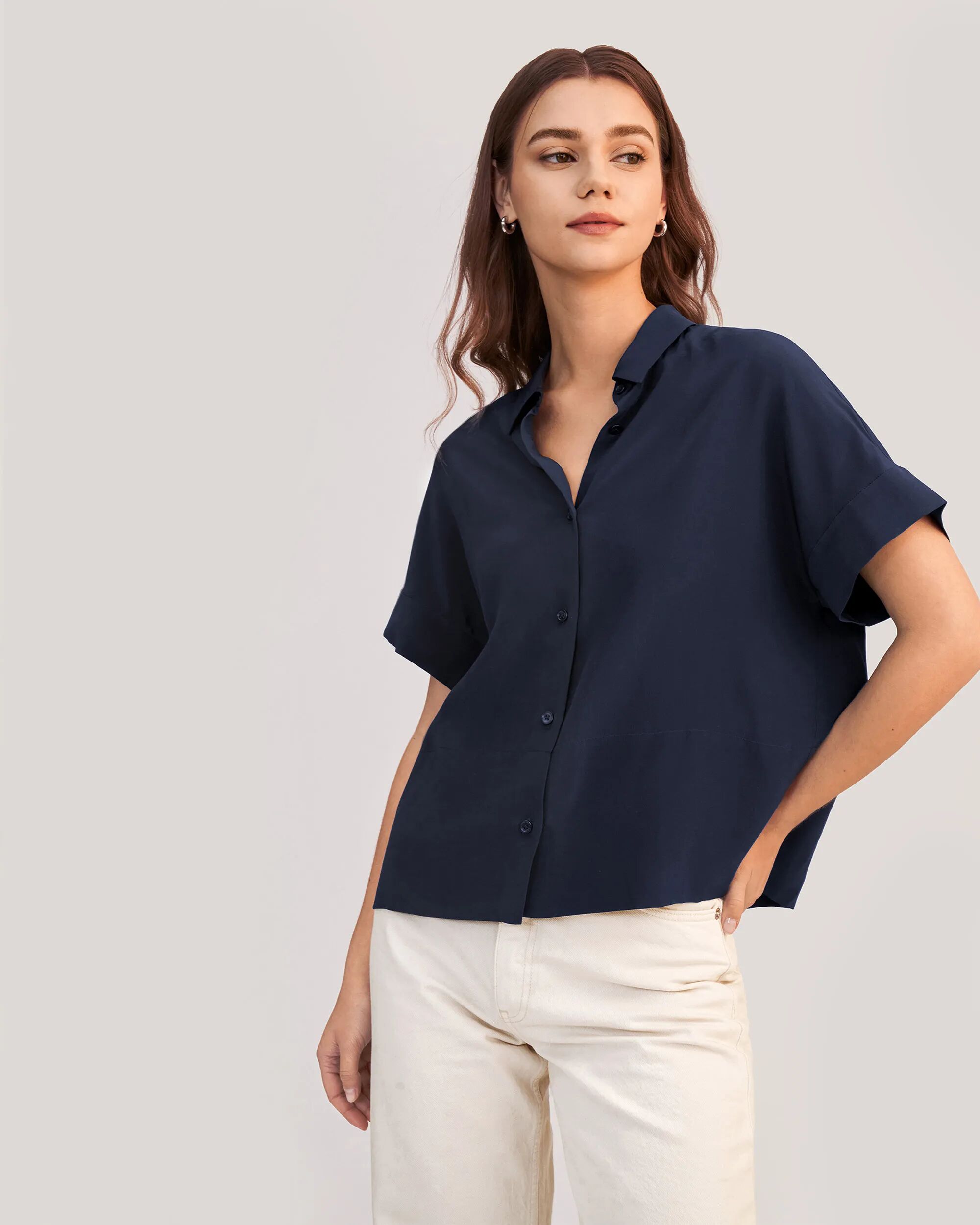 LILYSILK Casual Blue Short Sleeve Button Up Shirt   Silk Down Sleeves Style Business   Silk Tops Women Navy 18 Momme silk Classic Light And Soft L