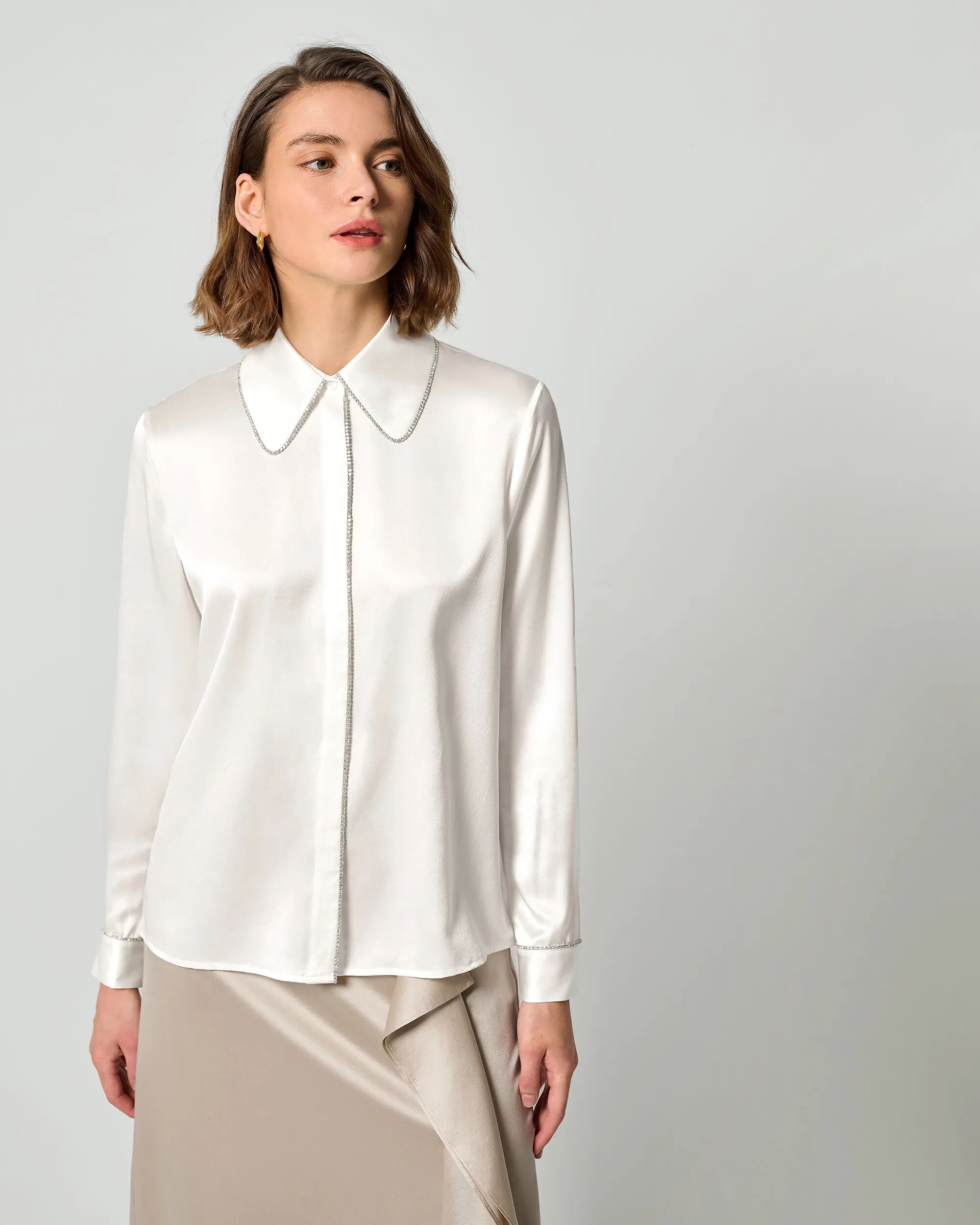 LILYSILK Business White Blouse With A Chained Collar   Silk Formal   22 Momme Silk Long Sleeves Non-Toxic Dyes Natural