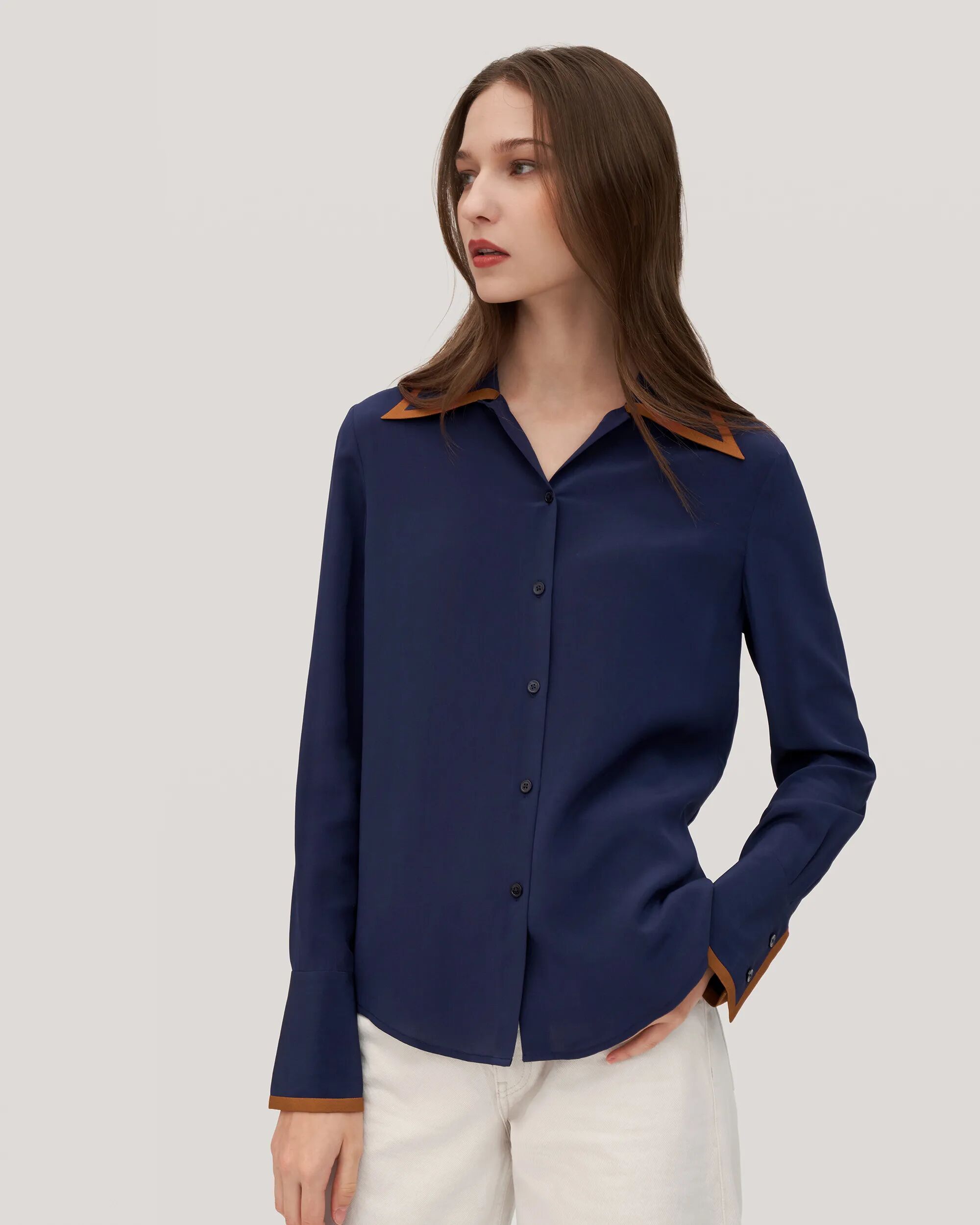 LILYSILK Business Blue Shirt With Brown Collar And Sleeves   Silk Long Style   New Arrivals Contrast Piping Willow Navy Durable Regular Fit