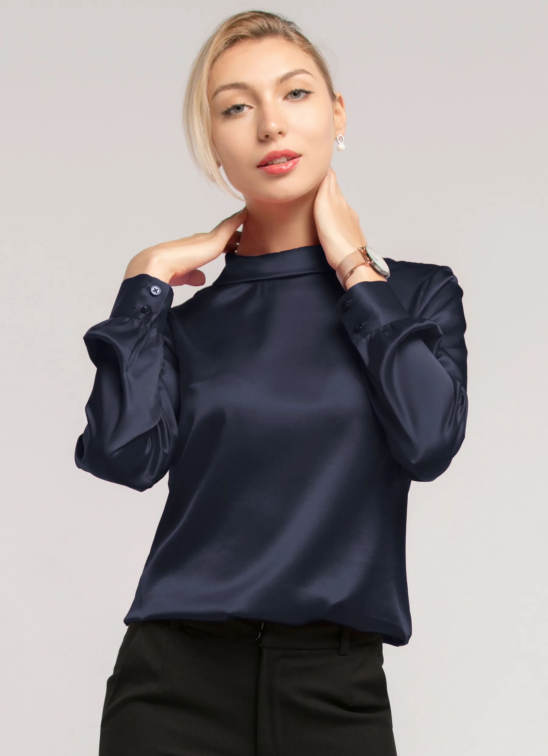 LILYSILK Business Blue Elegant Silk Blouse   Long Sleeves Style   Women Silk Navy Stand Collar Skin-Friendly And Breathable XS