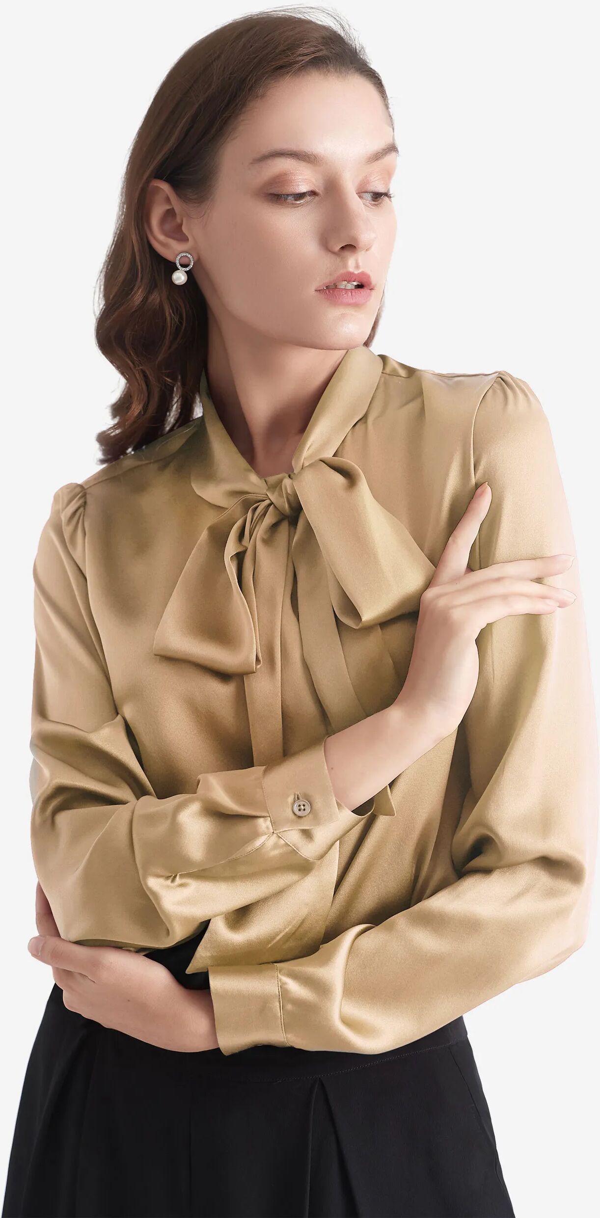 LILYSILK Business Gold Silk Bow Blouse   Striped Formal   Women Silk Tops Camel 22 Momme Silk Silk Basic Free Of Harmful Chemicals M