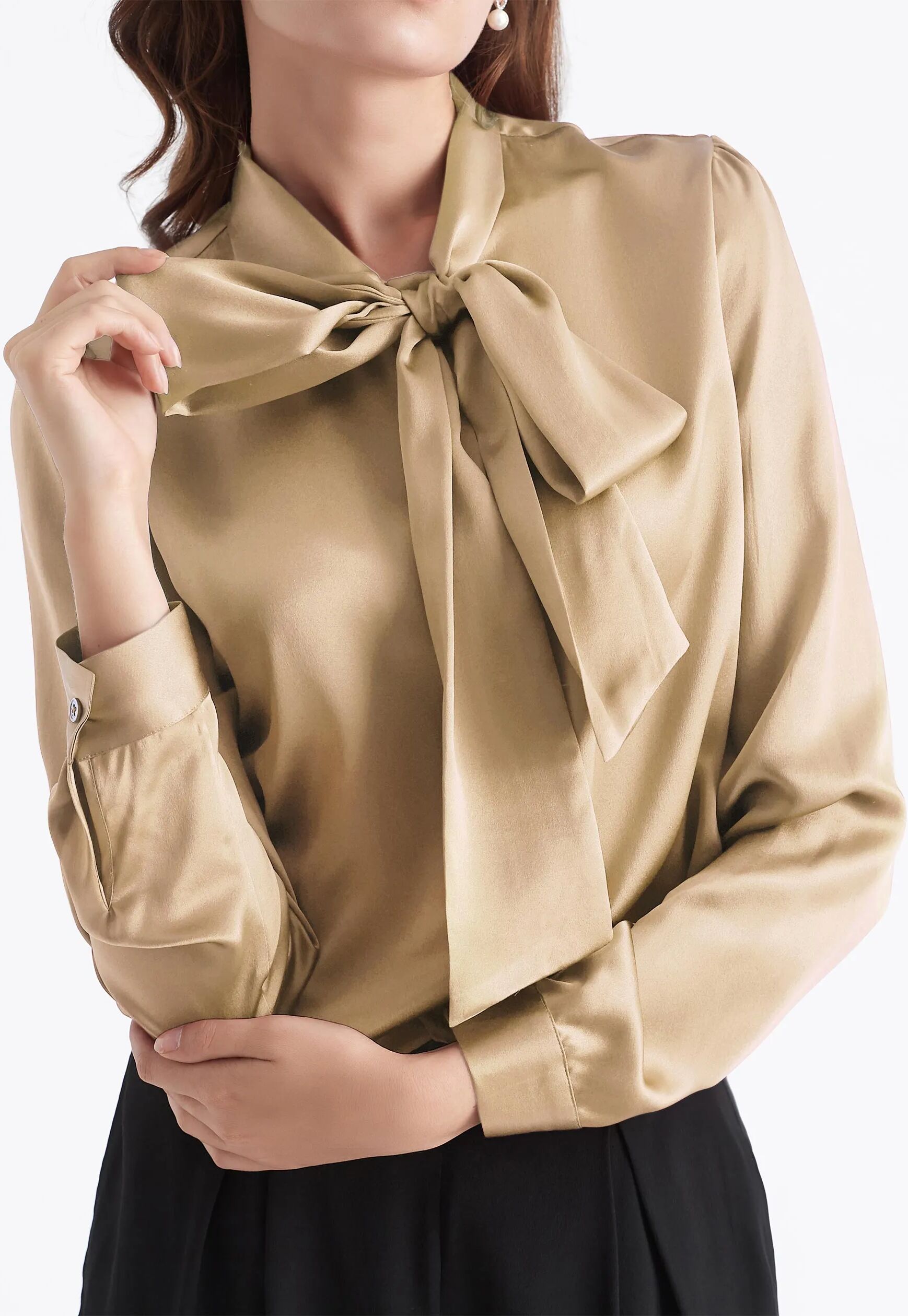 LILYSILK Business Beige Gold Silk Bow Blouse   Striped Formal   Silk Shirt For Work 100 Percent Silk Classic Mulberry Regular Fit Light Camel XL