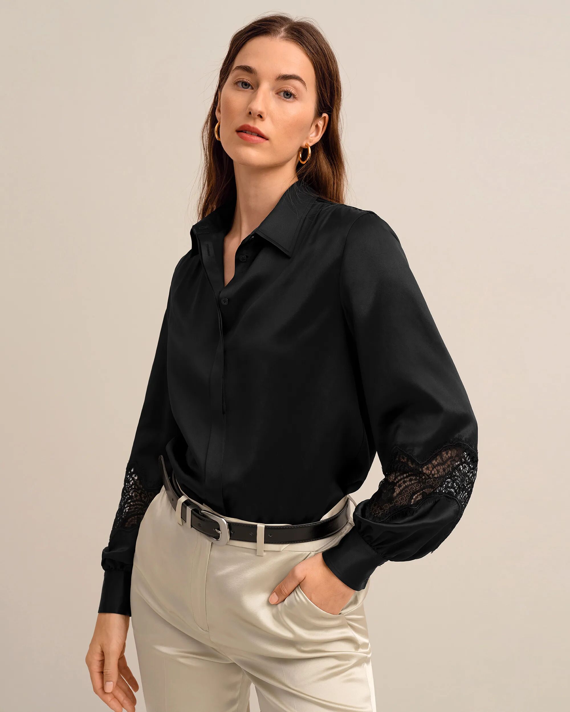 LILYSILK Business Black Lace Blouse   Silk   Silk Shirt Women 100% Grade 6A Mulberry Classical Style Concealed Placket XXL