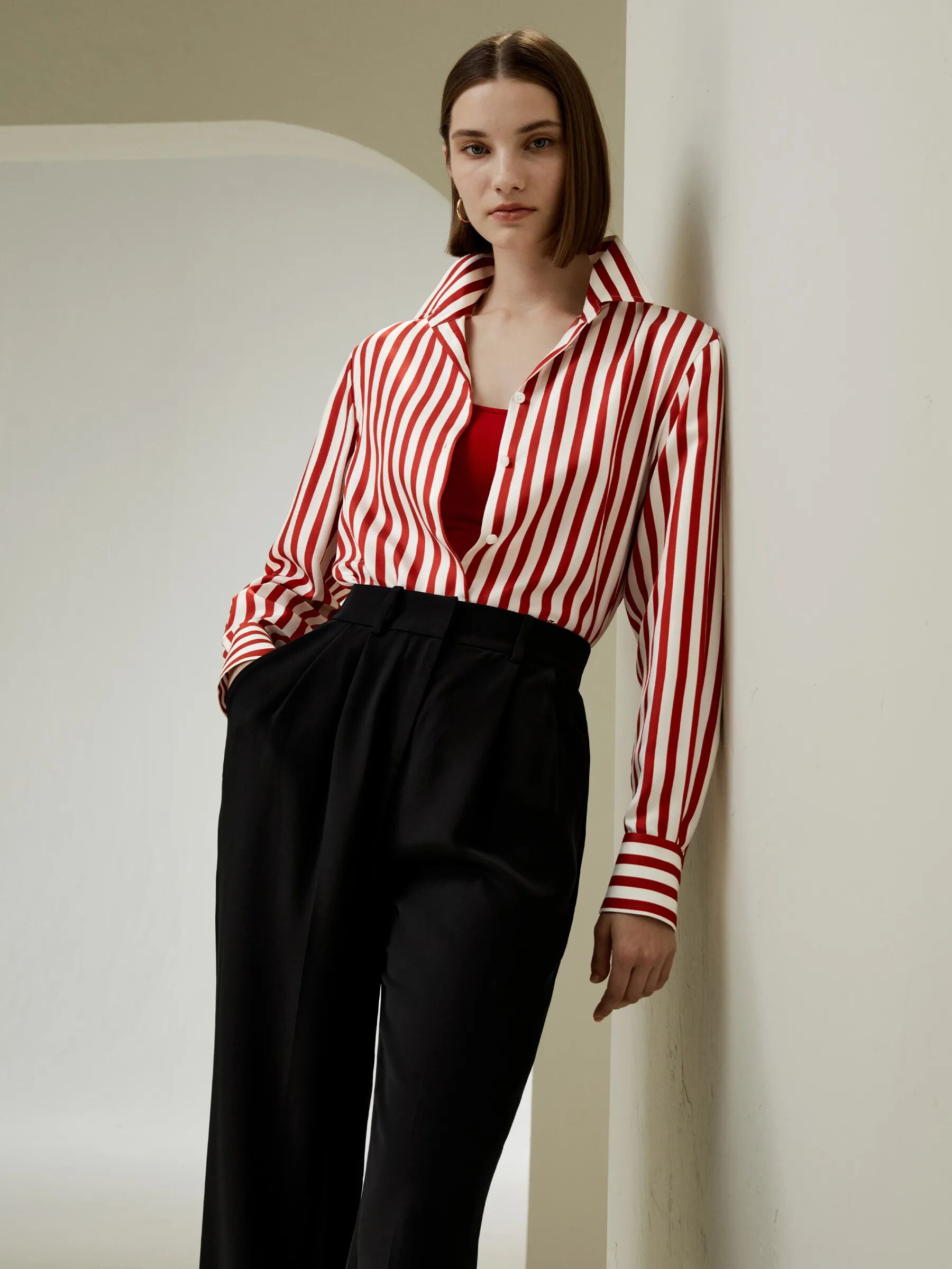 LILYSILK Business Red White Striped Shirt   Silk   Ladies Female Shirts Pinstripes Mulberry Wardrobe Must-Have Contrast S