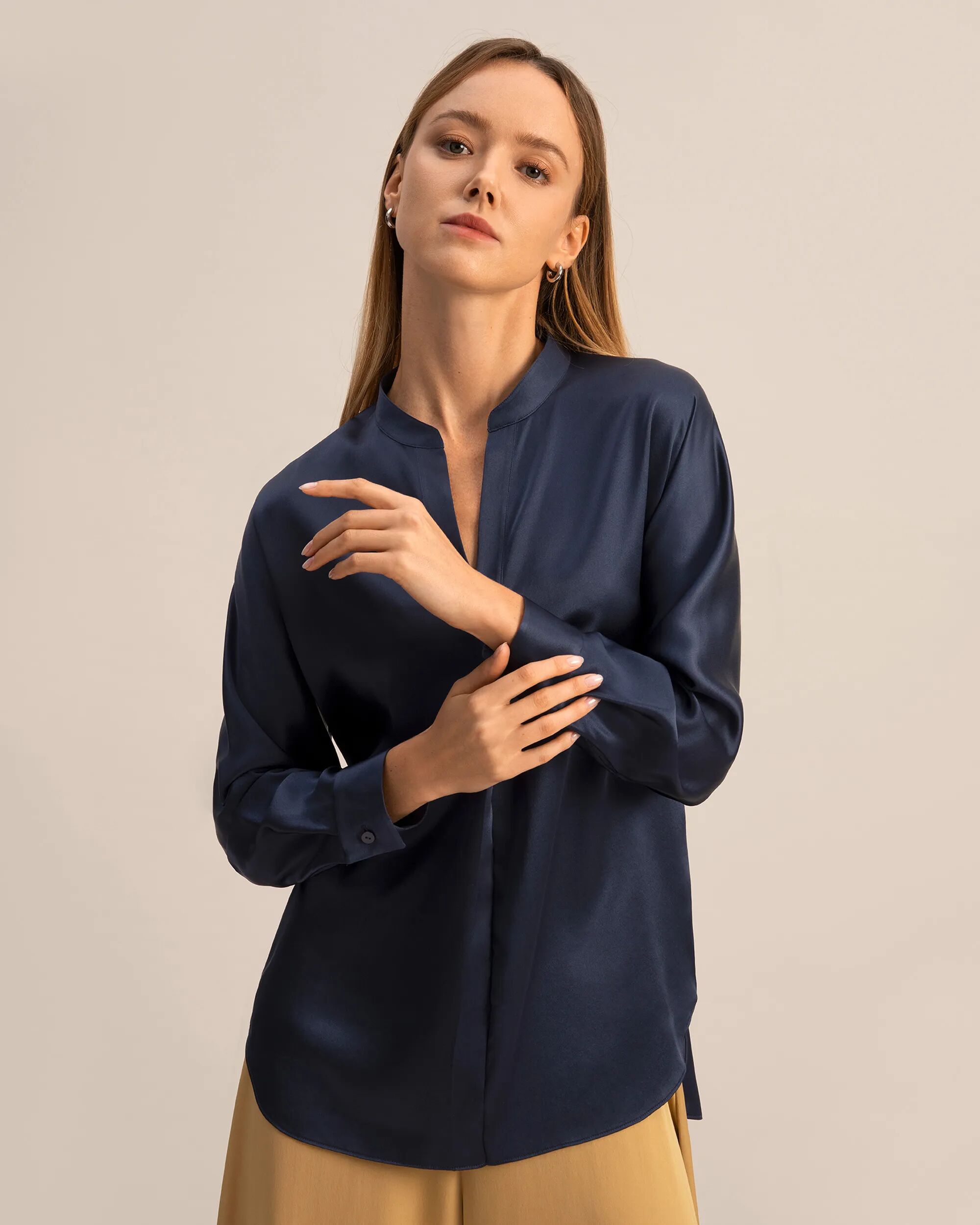 LILYSILK Business Blue Blouse With V-Neck   Silk Plain Long Sleeves Style   Women Navy 100% Grade 6A Mulberry Classic Band Collar XS