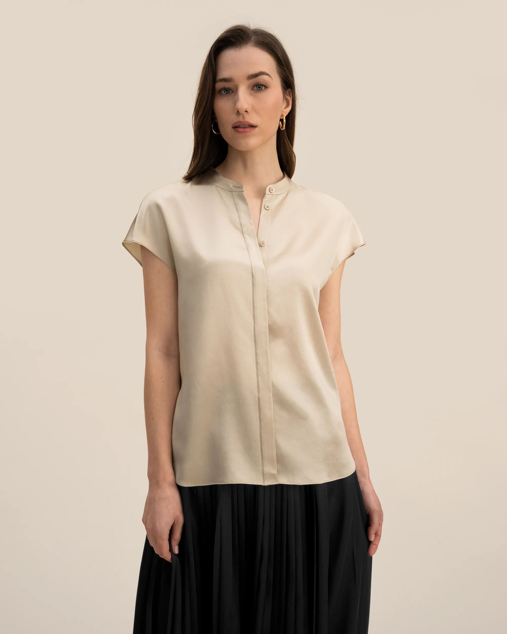 LILYSILK Business Beige Blouse With Short Sleeves And V-Neck   Silk   Silk Women Stand Collar Taupe M