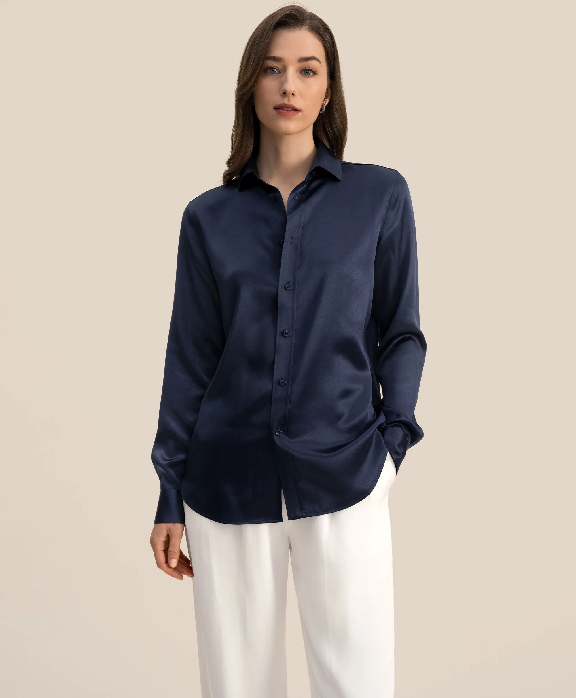 LILYSILK Business Blue Silk Shirt   Silk Plain Long Sleeves Style   Silk Women Regular Fit Navy 6