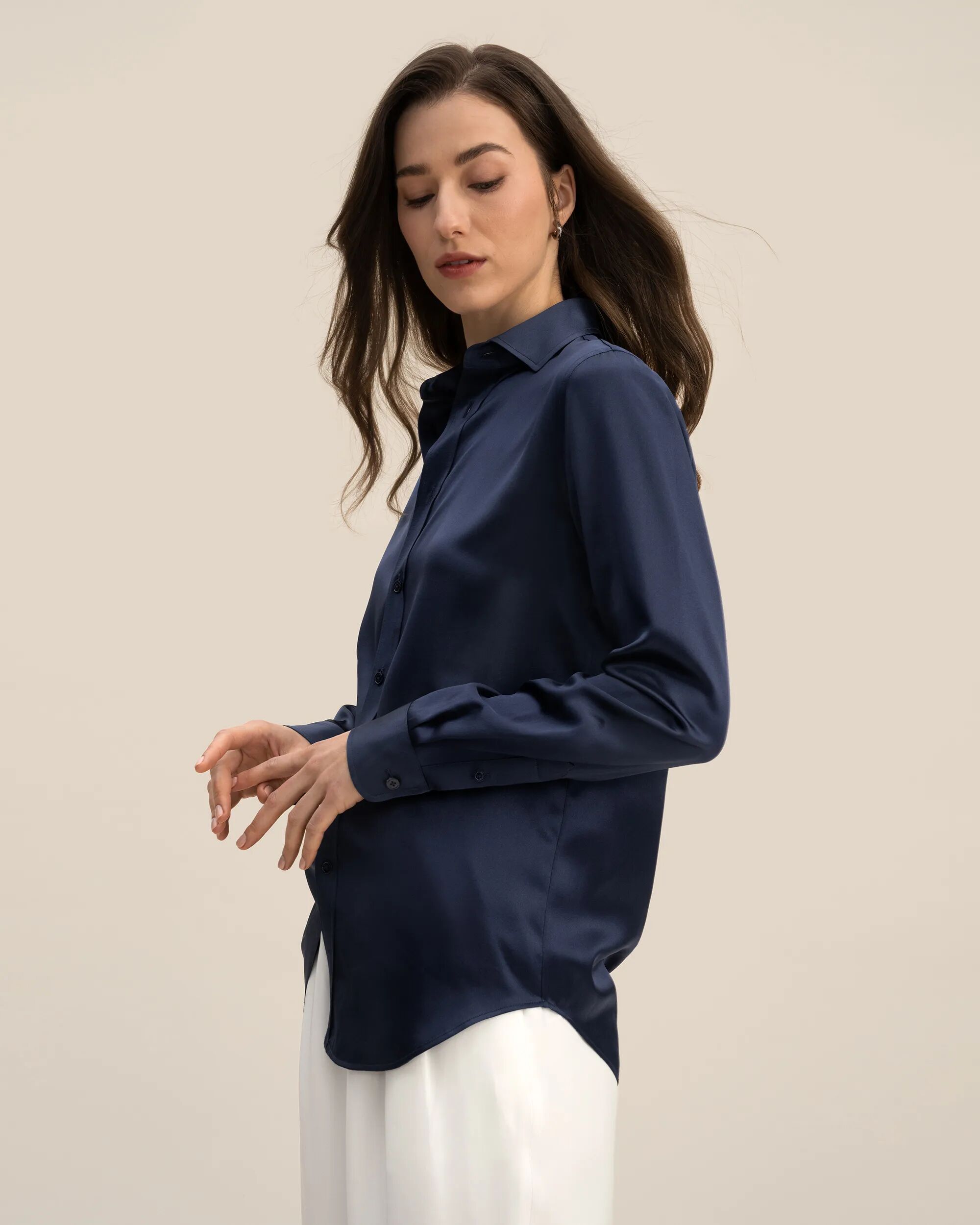 LILYSILK Business Blue Silk Shirt   Silk Solid Long Sleeves Style   Women Navy Silk Glossy Basic Collar Perfect For Work And Leisurewear 4