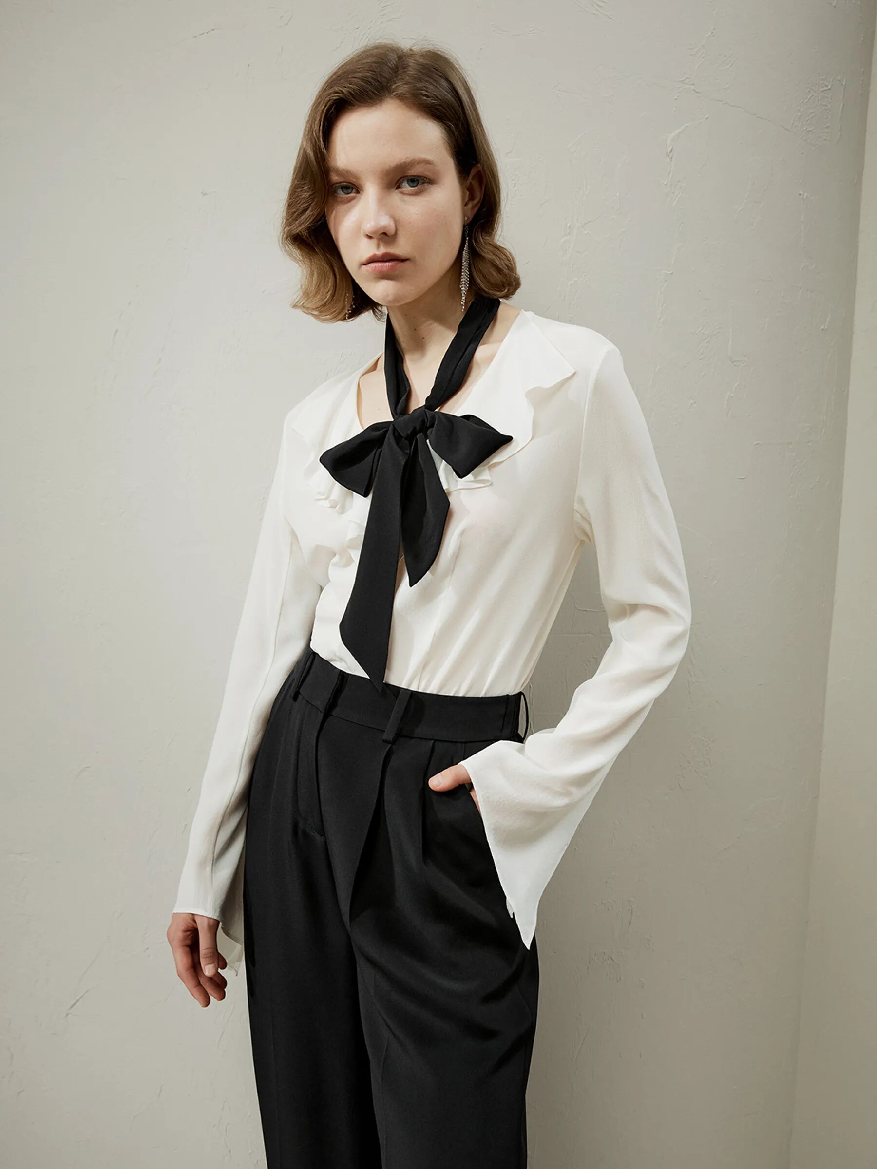 LILYSILK Business White Blouse With Black Bow   Silk Formal   Tops For Women Trumpet Sleeve Side Slit Elegant And Feminine Light Soft 12