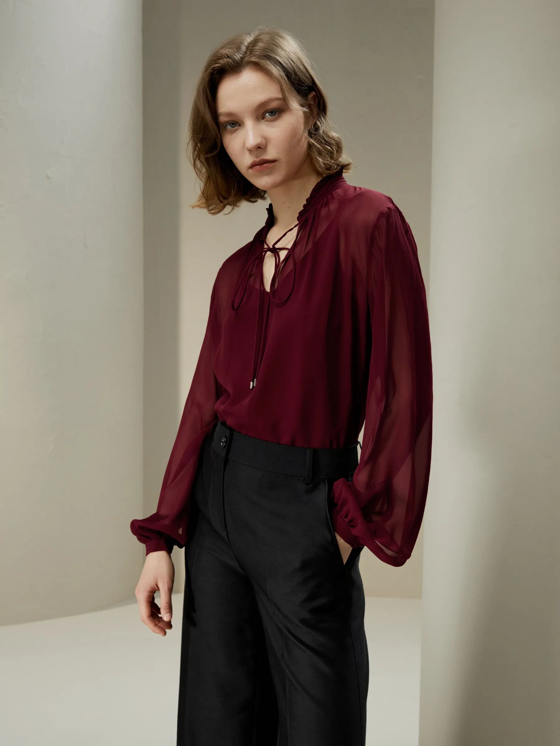 LILYSILK Business Maroon Burgundy Blouse   Chiffon Lace Up   Silk Women Red Soft And Semi-Sheer Georgette Popover With Tie Front Drawstring Light M