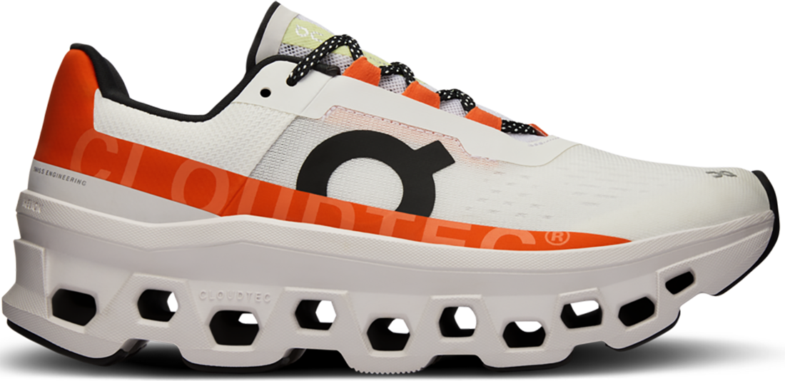 ON Women's Cloudmonster Shoes in Undyed/White/Flame   Size: 8 Width: B   Fit2Run