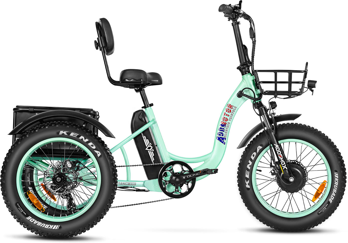 Addmotor Trike M-330F Electric Fat Tire Folding Trike 2023 Step-Thru Fat Tire 3 Wheel Electric Bike for Adults, Parking Brake In trike, Cyan Green