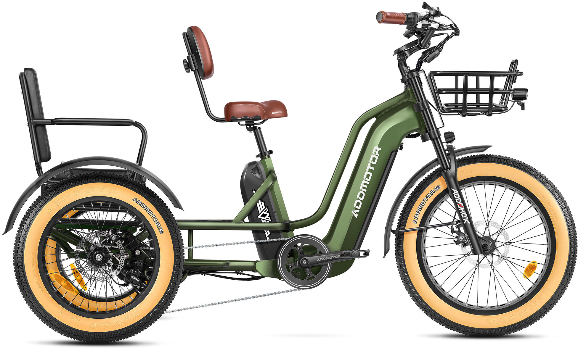 Addmotor Greattan L Dual-Battery Electric Trike with Passenger Seat   Fat Tire 750W Built-in Battery Design Electric Tricycle   Army Green