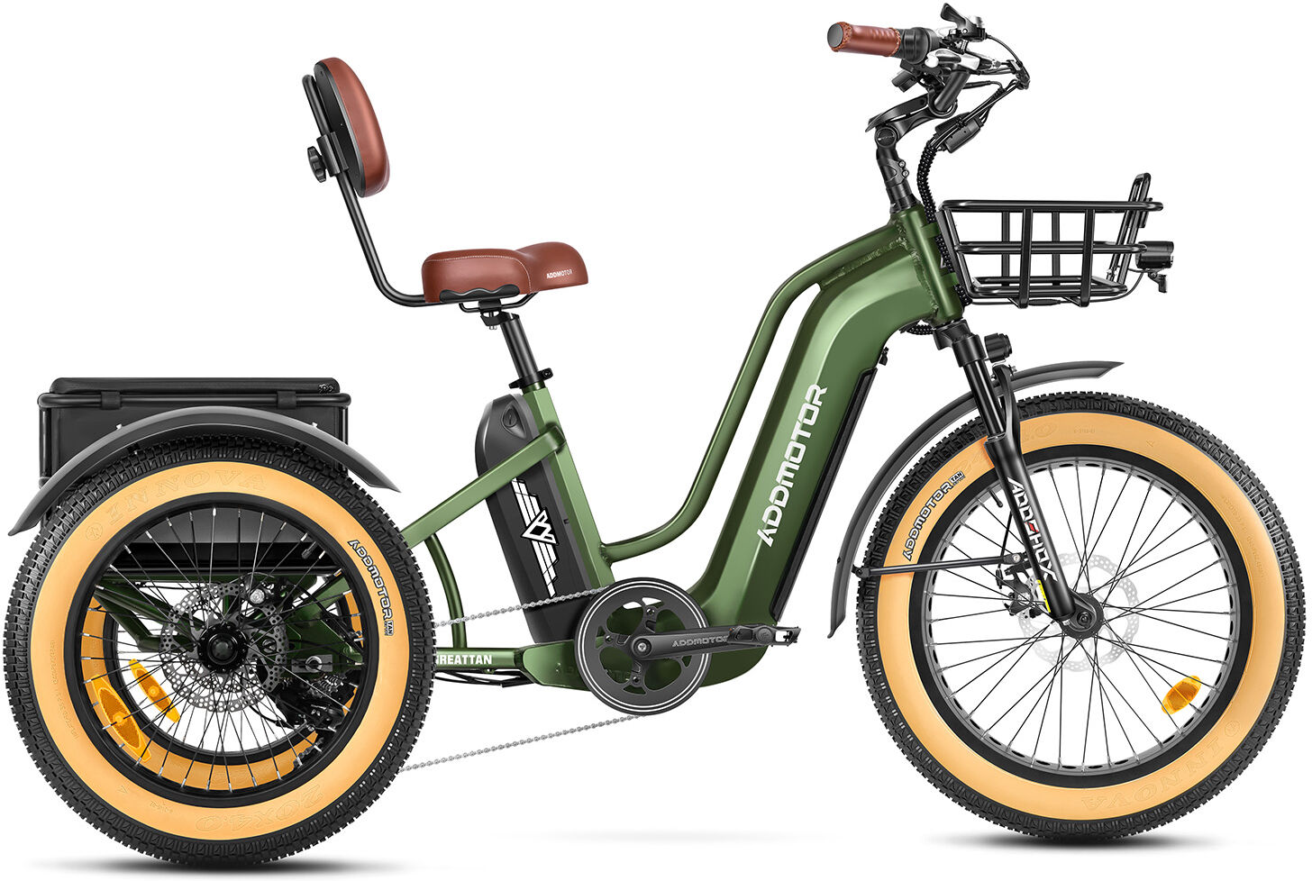 Addmotor Greattan Dual-Battery Electric Trike for Adult   Fat Tire Built-in Battery Design Electric Tricycle   Up to 160+ Miles Range   Army Green