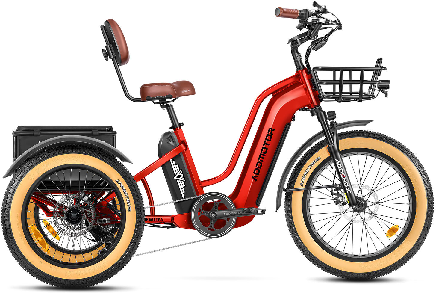 Addmotor Greattan Dual-Battery Electric Trike for Adult   Fat Tire Built-in Battery Design Electric Tricycle   Up to 160+ Miles Range   Red