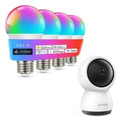 AiDot OREiN 4 Pack Matter A19 Smart  Reliable WiFi Light Bulbs + Winees M2X 2K Indoor Security Camera