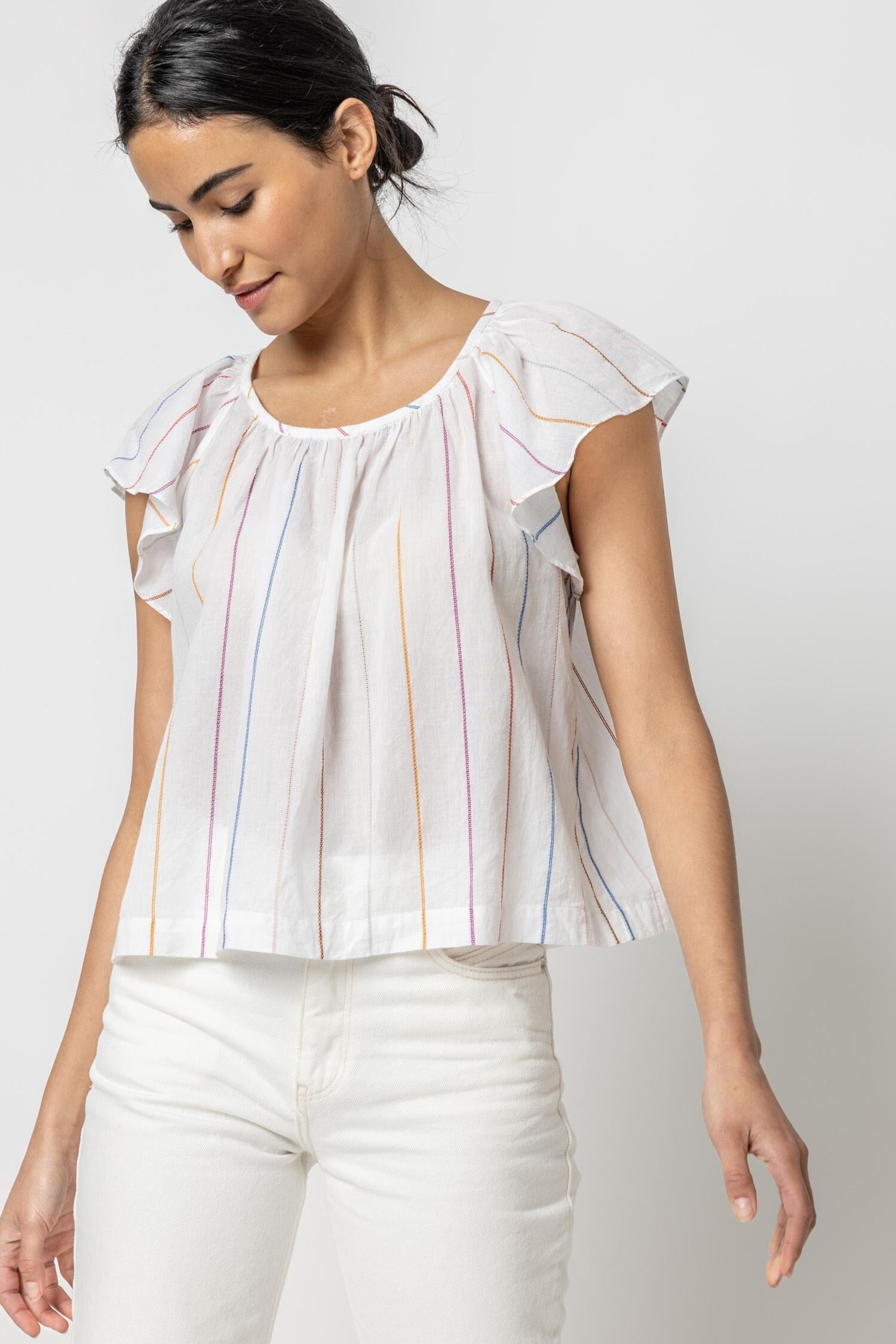 Shirred Short Sleeve Raglan Top - Multi Stripe / Large - Lilla P