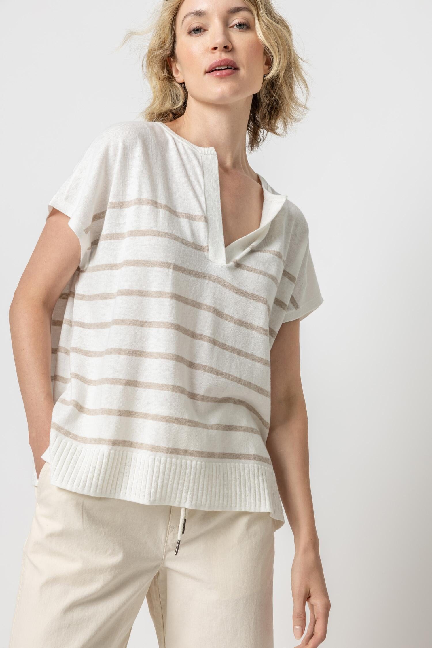 Striped Split Neck Tunic Sweater - Linen Stripe / Petite-Small - Lilla P