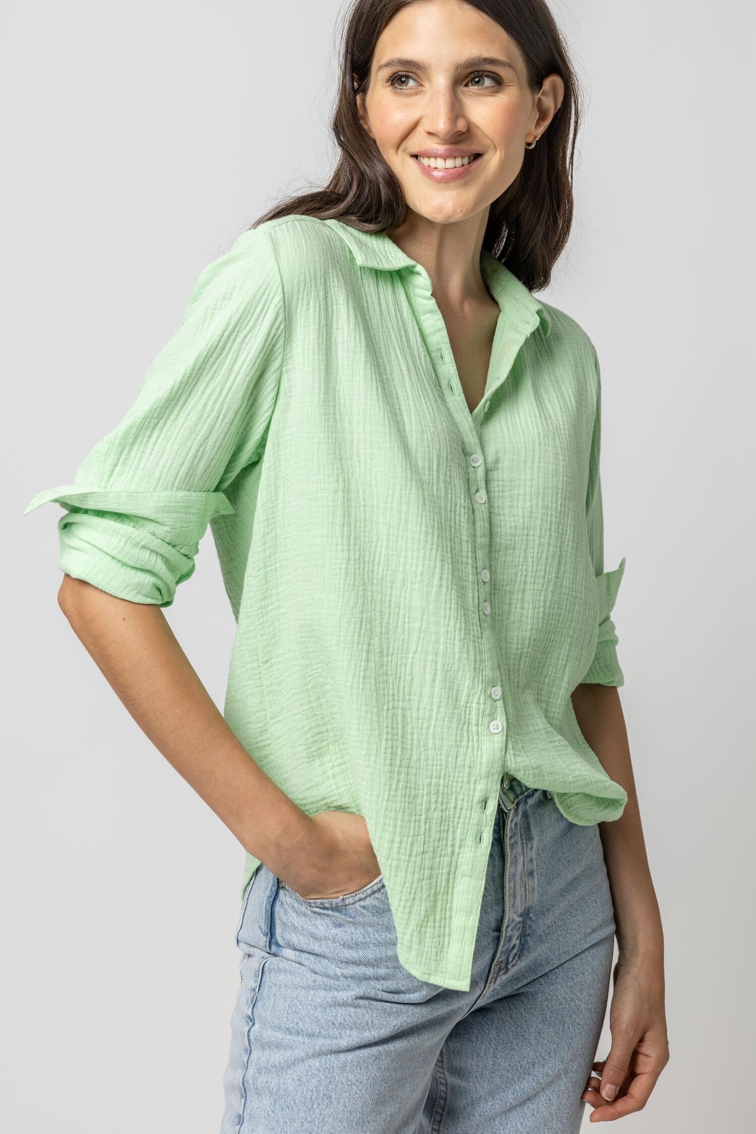 Long Sleeve Gauze Button Down - Honeydew / Medium - Lilla P