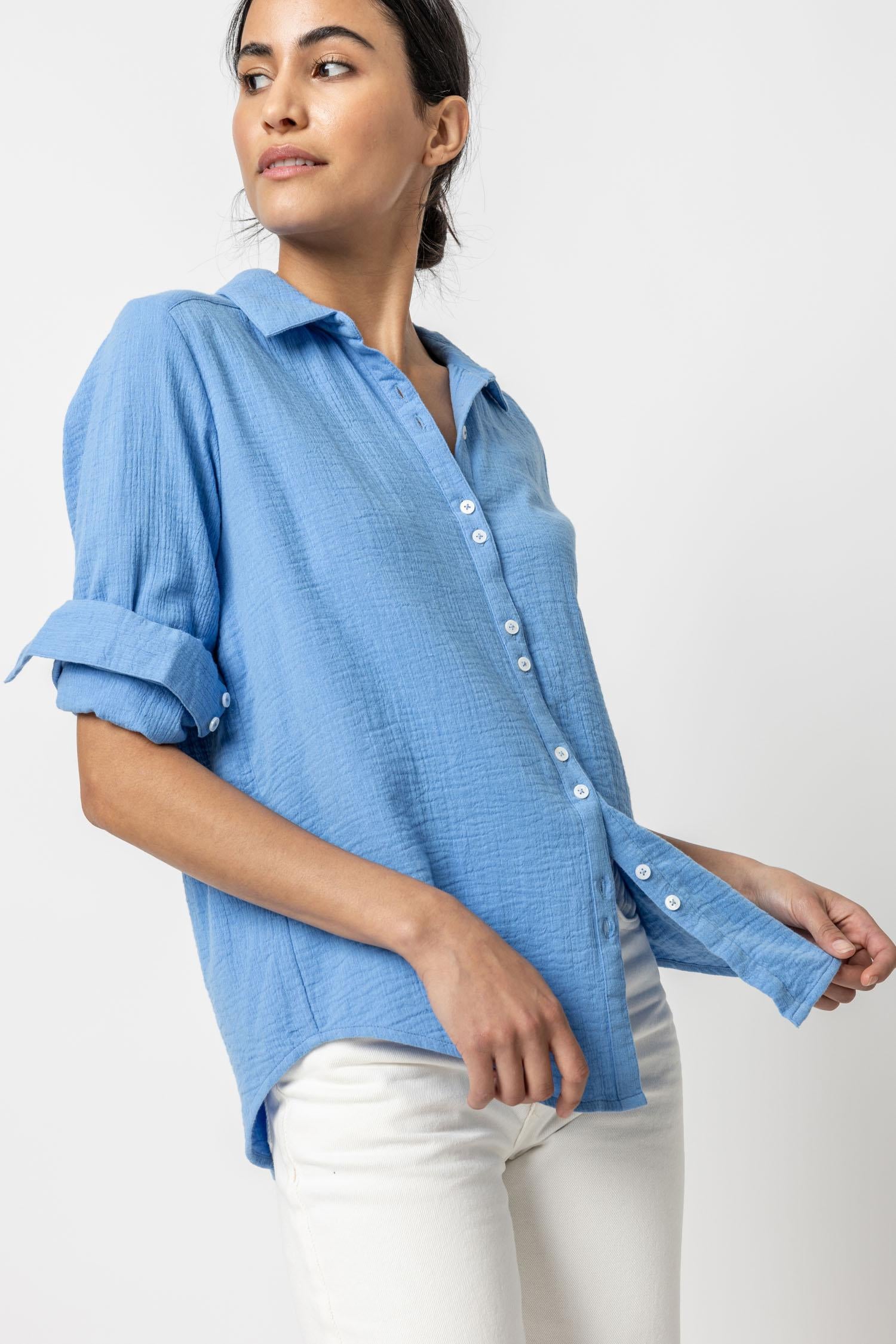 Long Sleeve Gauze Button Down - Marina / X-Small - Lilla P