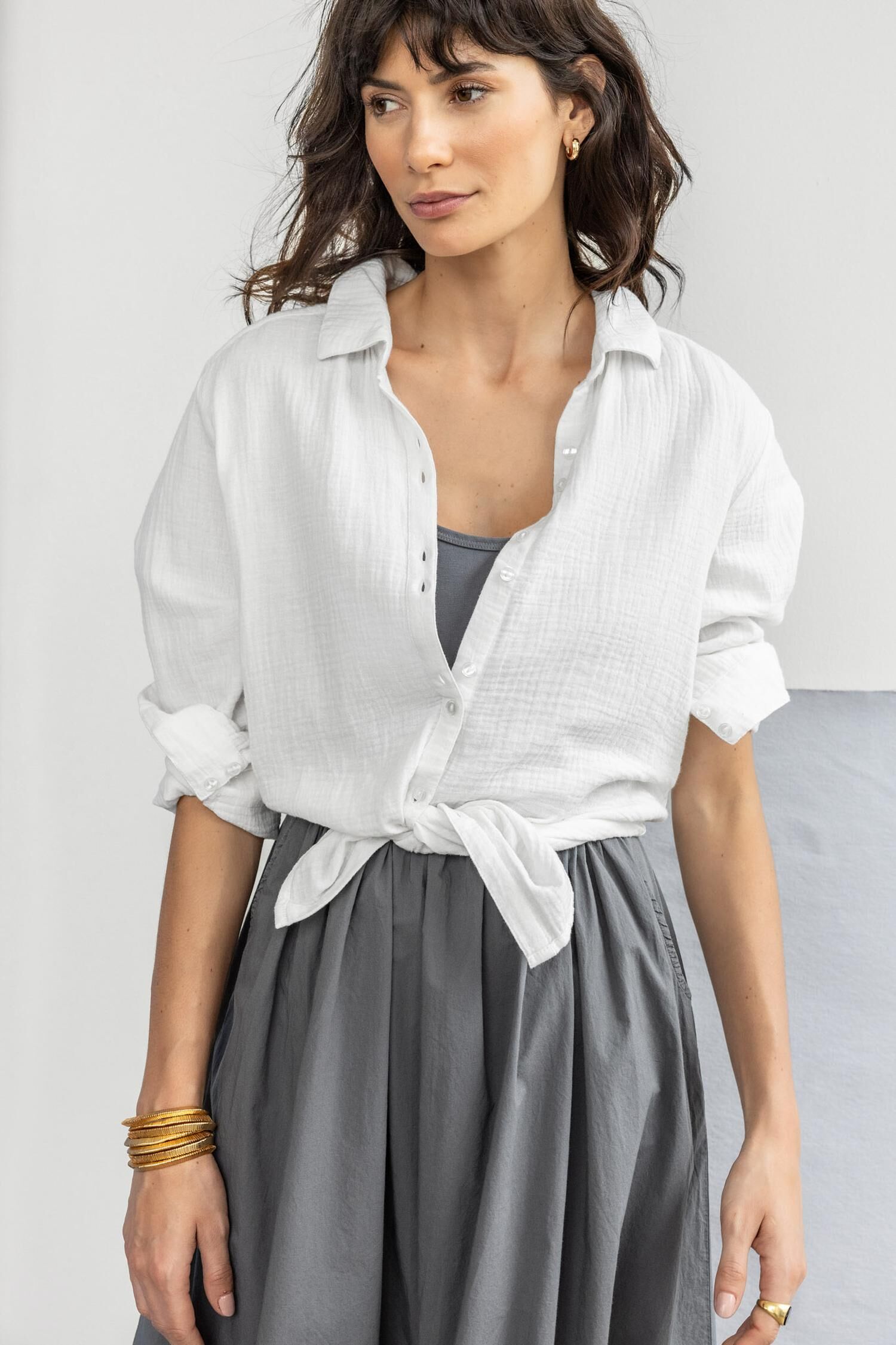 Long Sleeve Gauze Button Down - White / Small - Lilla P