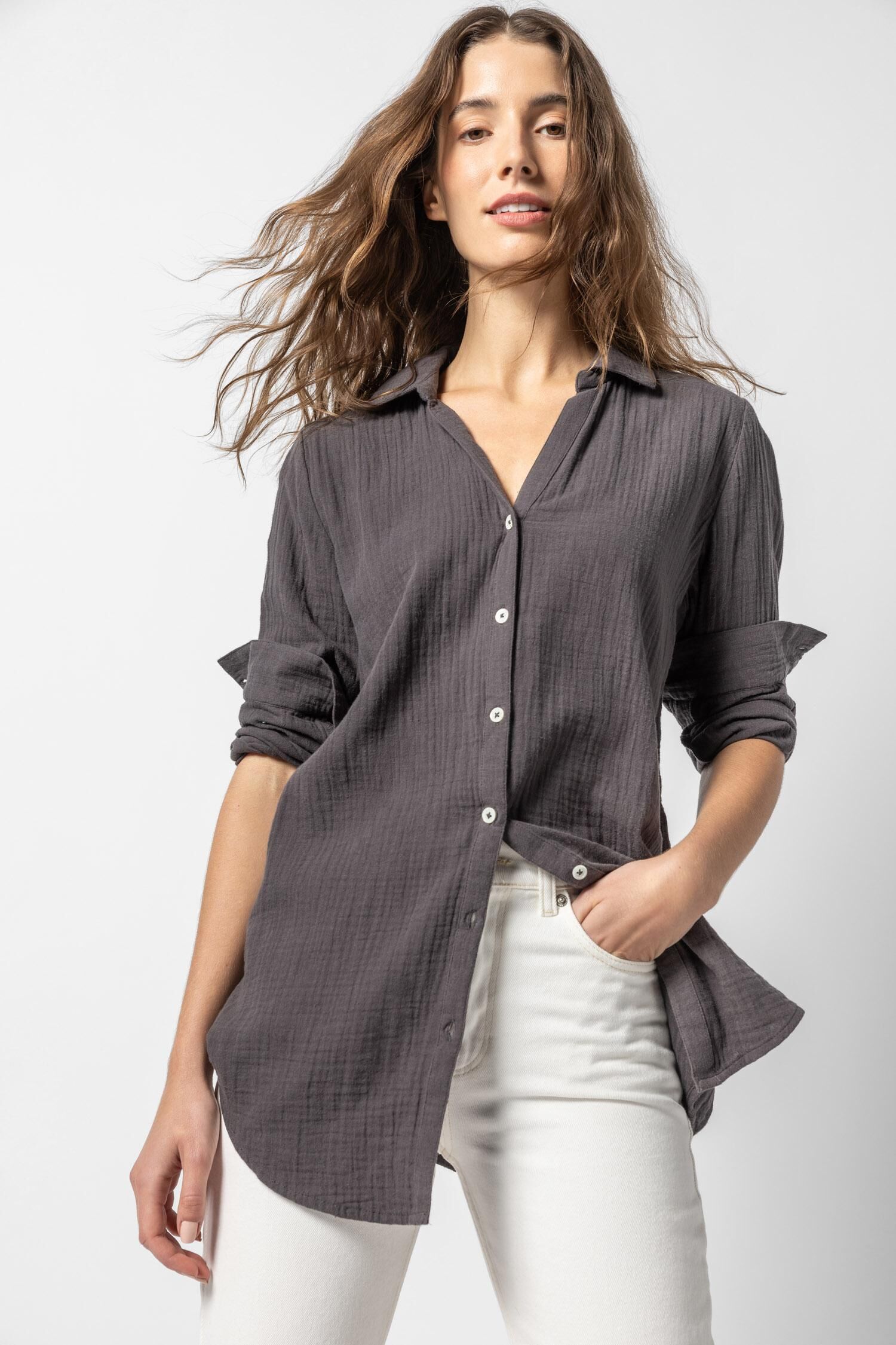 Long Sleeve Button Down Tunic - Stingray / X-Large - Lilla P