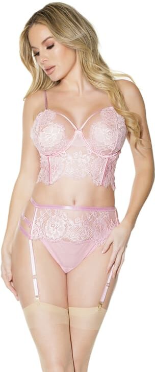 Coquette Lingerie Nylon Mix Bra, Garter Belt and Panty Set - Large