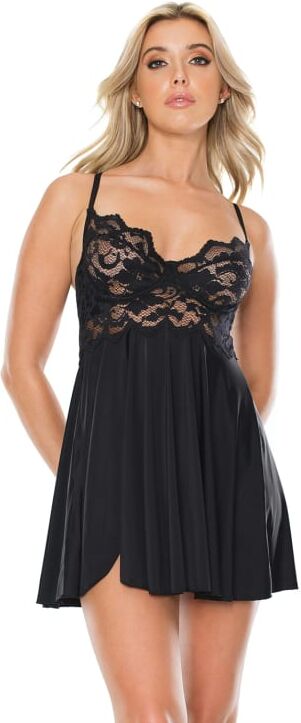 Coquette Lingerie Scallop Stretch Lace Babydoll & G-String Set - Black - X-Large