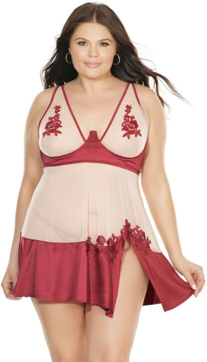 Coquette Lingerie Applique Babydoll and G-String Set - Plus Size - 1X/2X