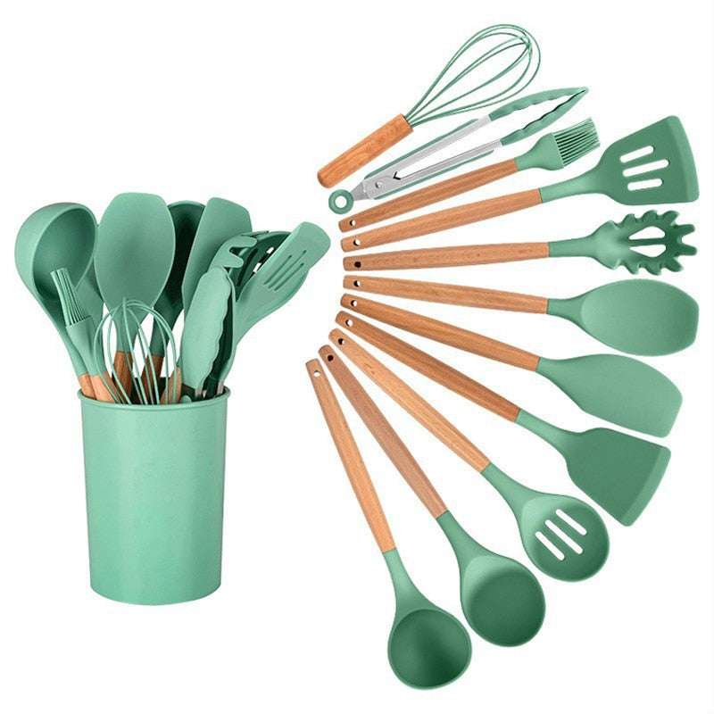 Maodeng 11/12PCS Silicone Kitchenware Non-Stick Cookware Kitchen Utensils Set Spatula Shovel Egg Beaters Wooden Handle Cooking Tool Set 11 pcs set A White