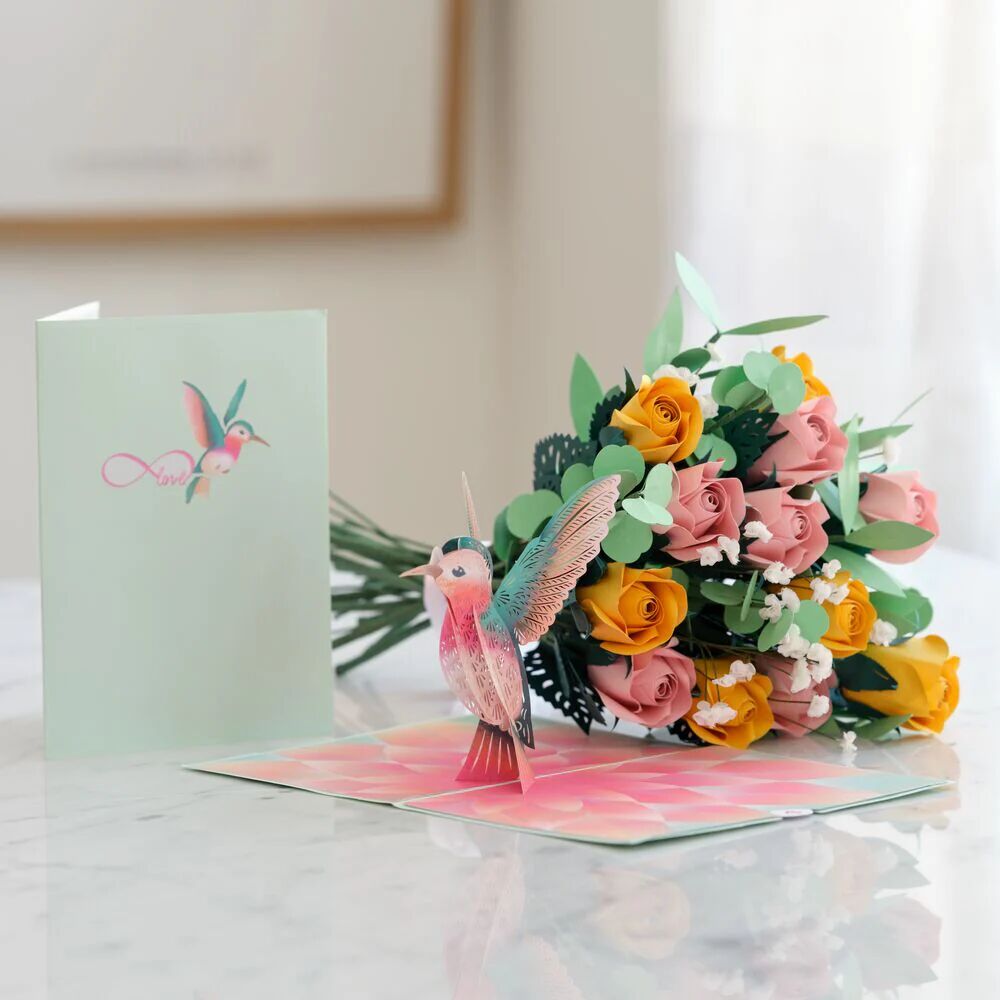 Lovepop Handcrafted Paper Flowers: Pink & Yellow Roses (12 Stems) with Lovely Hummingbird Pop-Up Card