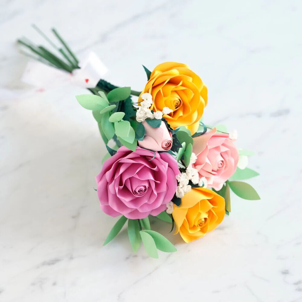 Lovepop Handcrafted Paper Flowers: Pink & Yellow Roses (6 Stems)