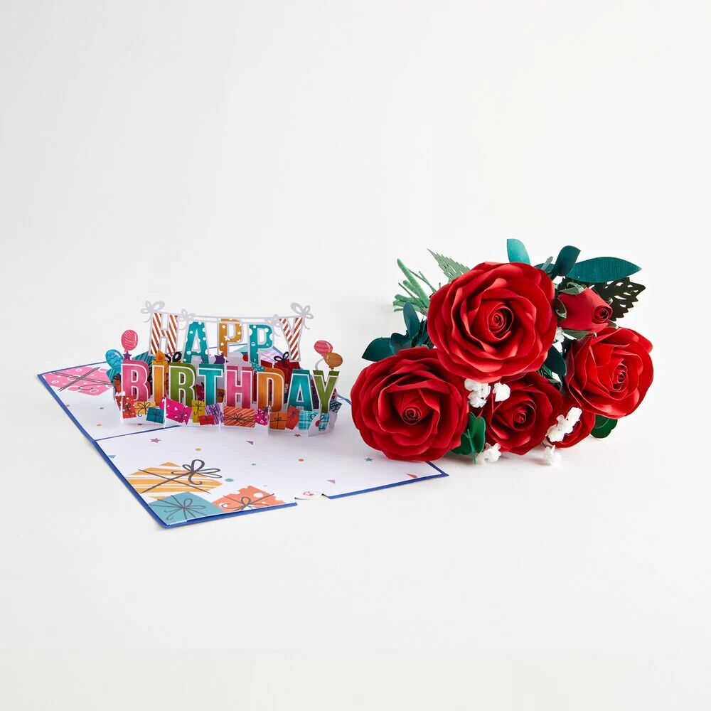 Lovepop Handcrafted Paper Flowers: Roses (6 Stems) with Happy Birthday Pop-Up Card