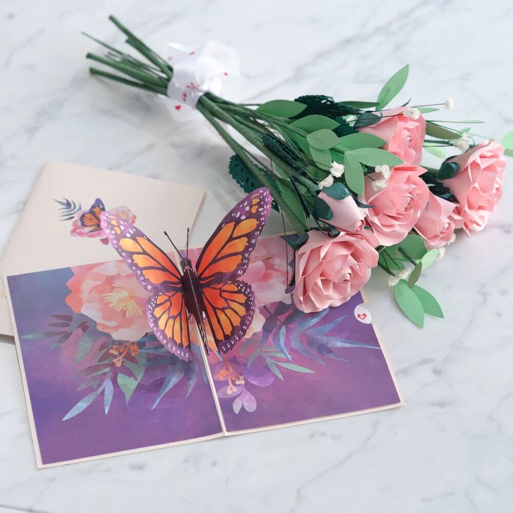 Lovepop Handcrafted Paper Flowers: Pink Roses (6 Stems) with Monarch Butterfly Pop-Up Card