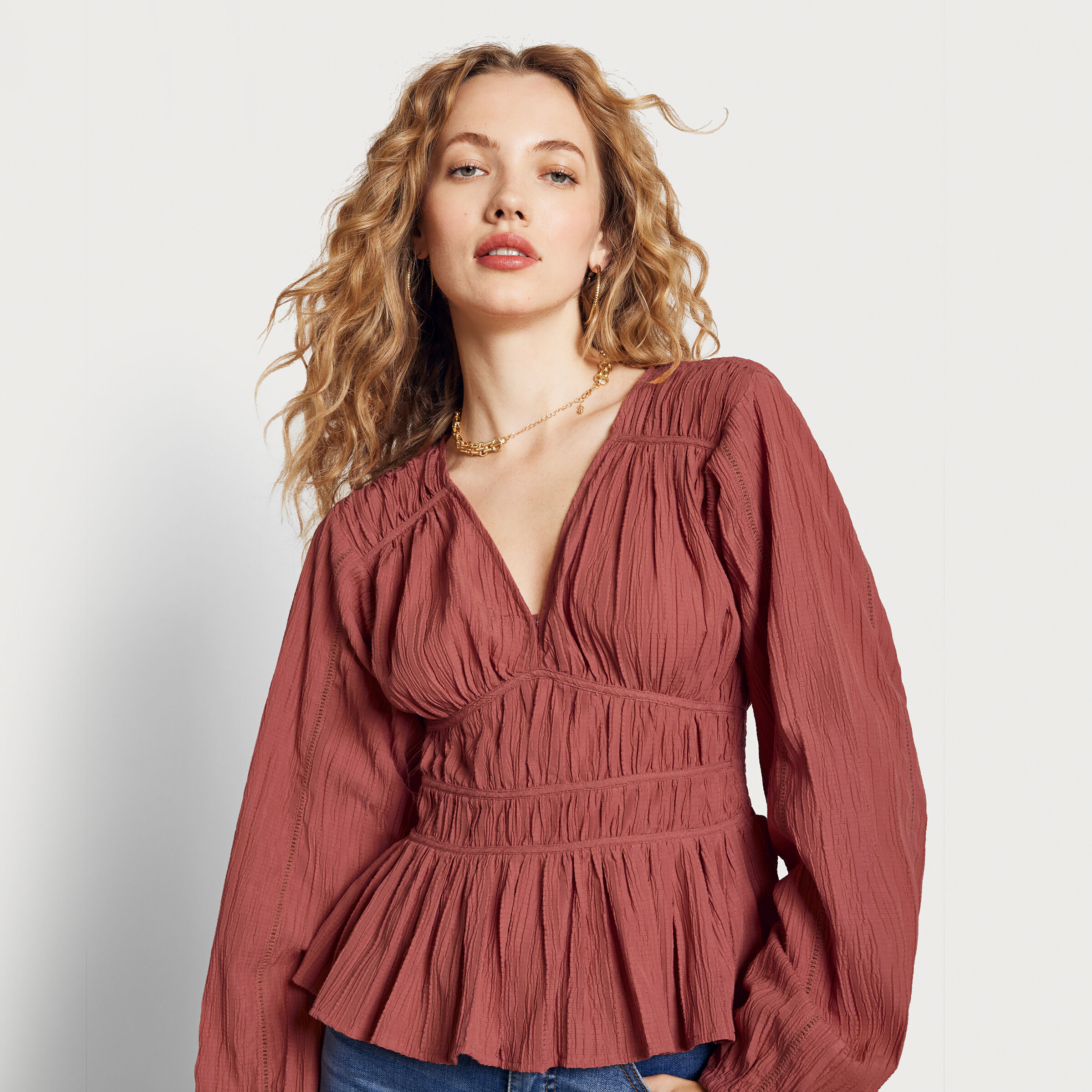 Sam Edelman Evie Blouse Long Sleeve Mineral Red S