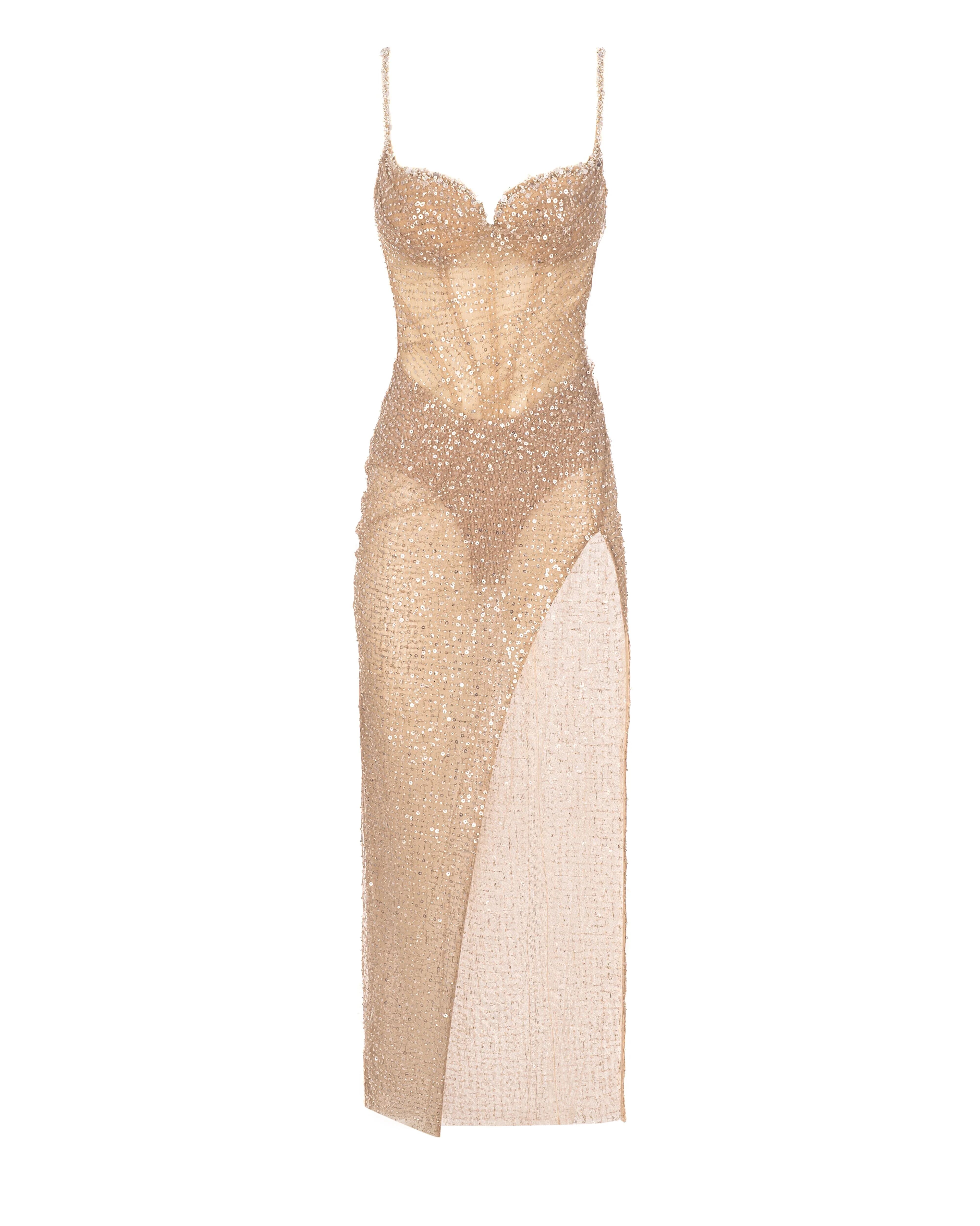 Milla Sensational champagne gold crystal-embellished maxi dress on spaghetti straps XS womens