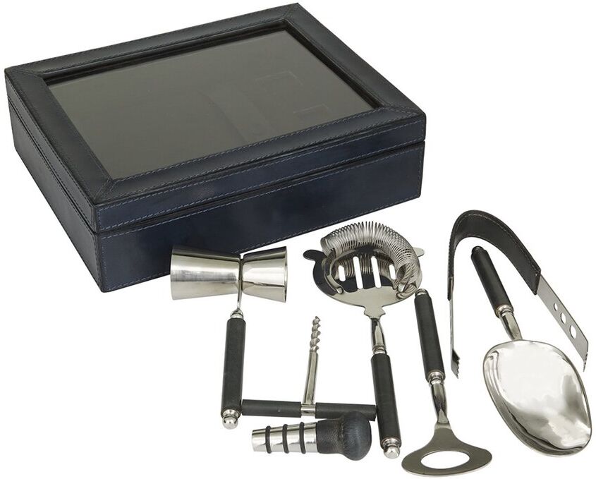 The Novogratz Dark Blue Leather 7 Piece Bar Tool Set with Decorative Box Black NoSize