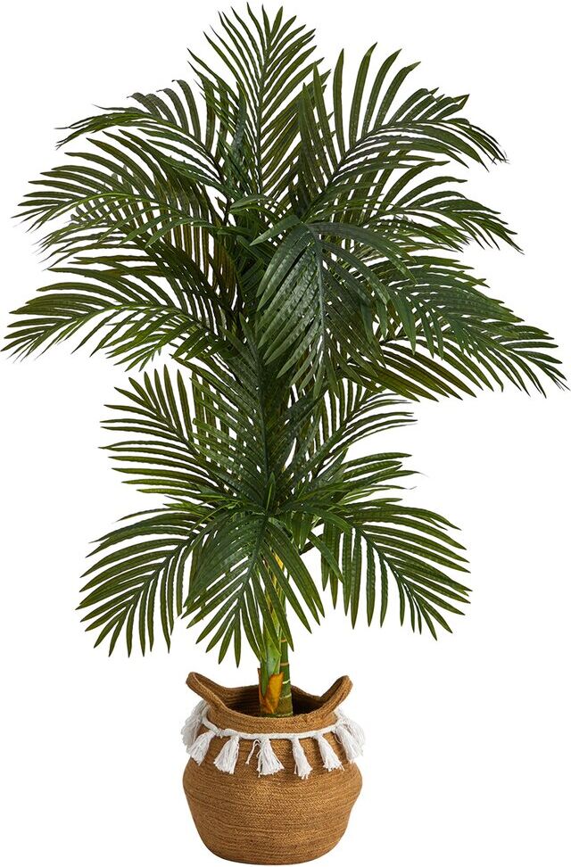 Nearly Natural 5ft Artificial Double Stalk Golden Cane Palm Tree with Handmade Basket Green NoSize