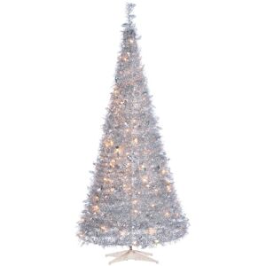Sterling Tree Company 7.5ft High Pop Up Pre-Lit Silver Tinsel Tree With 250 Warm White Lights Silver NoSize